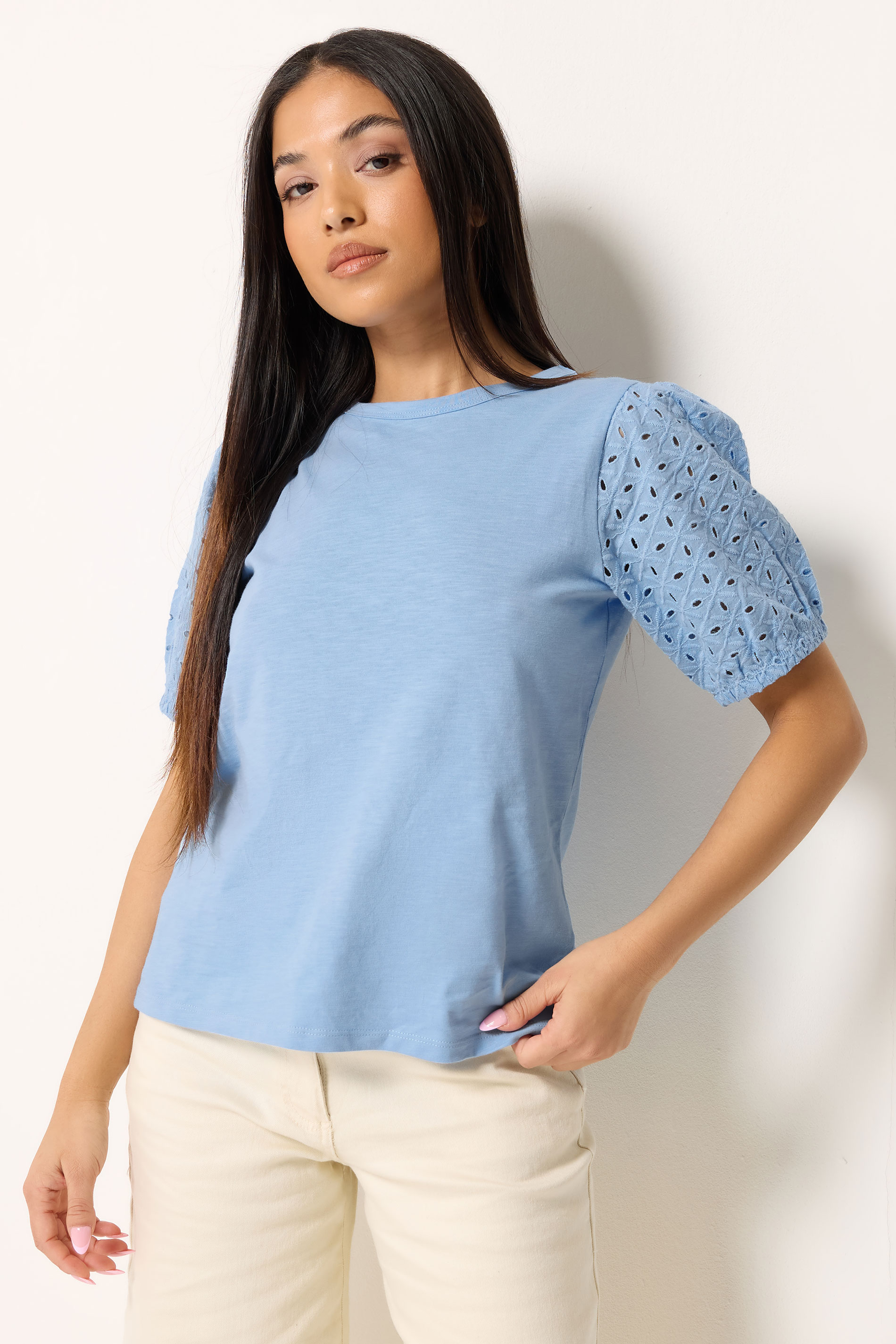 M&Co Petite Blue Broderie Cotton Puff Sleeve Top | M&Co 3