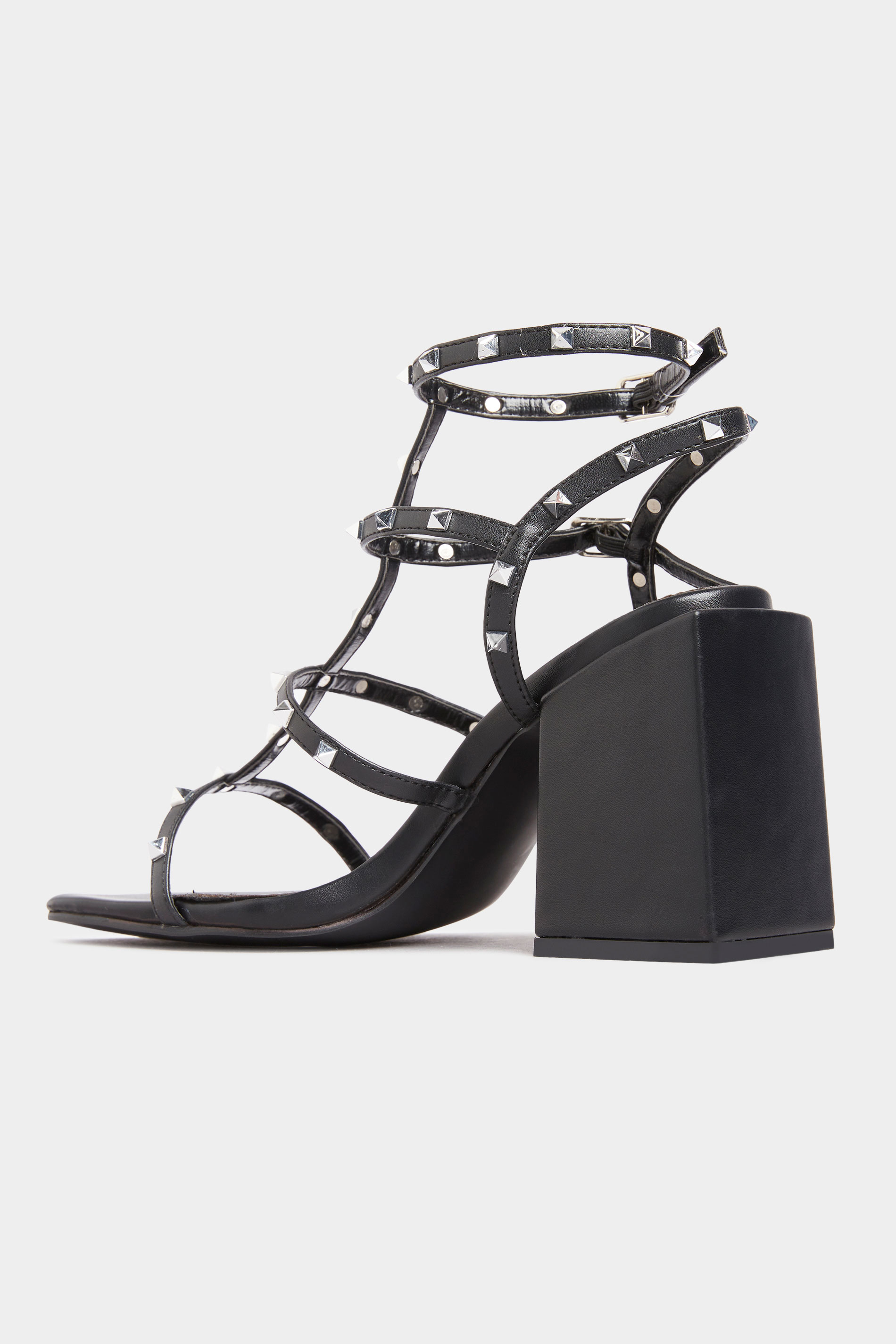 Black Faux Leather Stud Heeled Sandals 