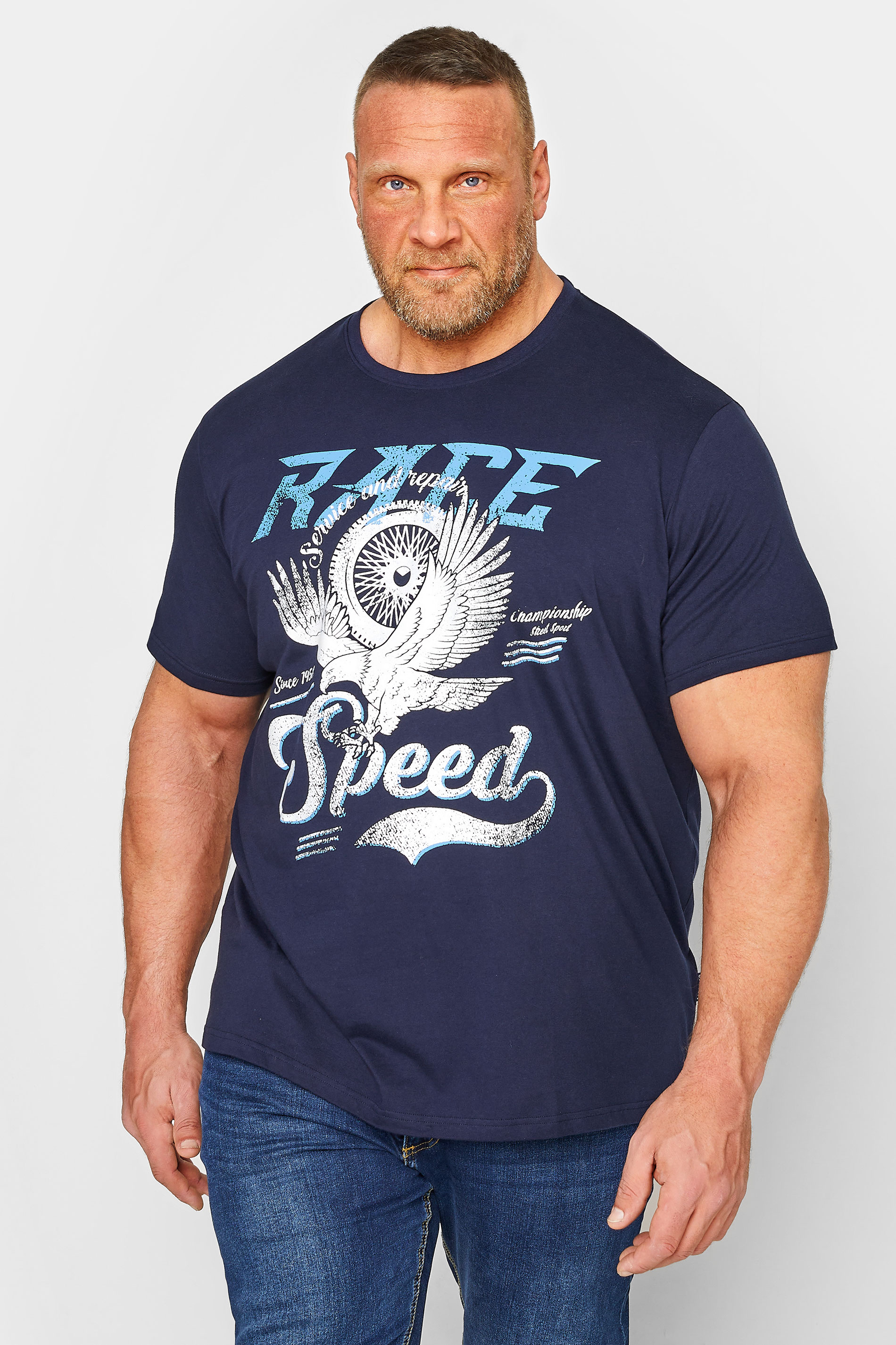 BadRhino Plus Size Big & Tall Navy Blue Eagle Print 'Race' Slogan T-Shirt | BadRhino 1