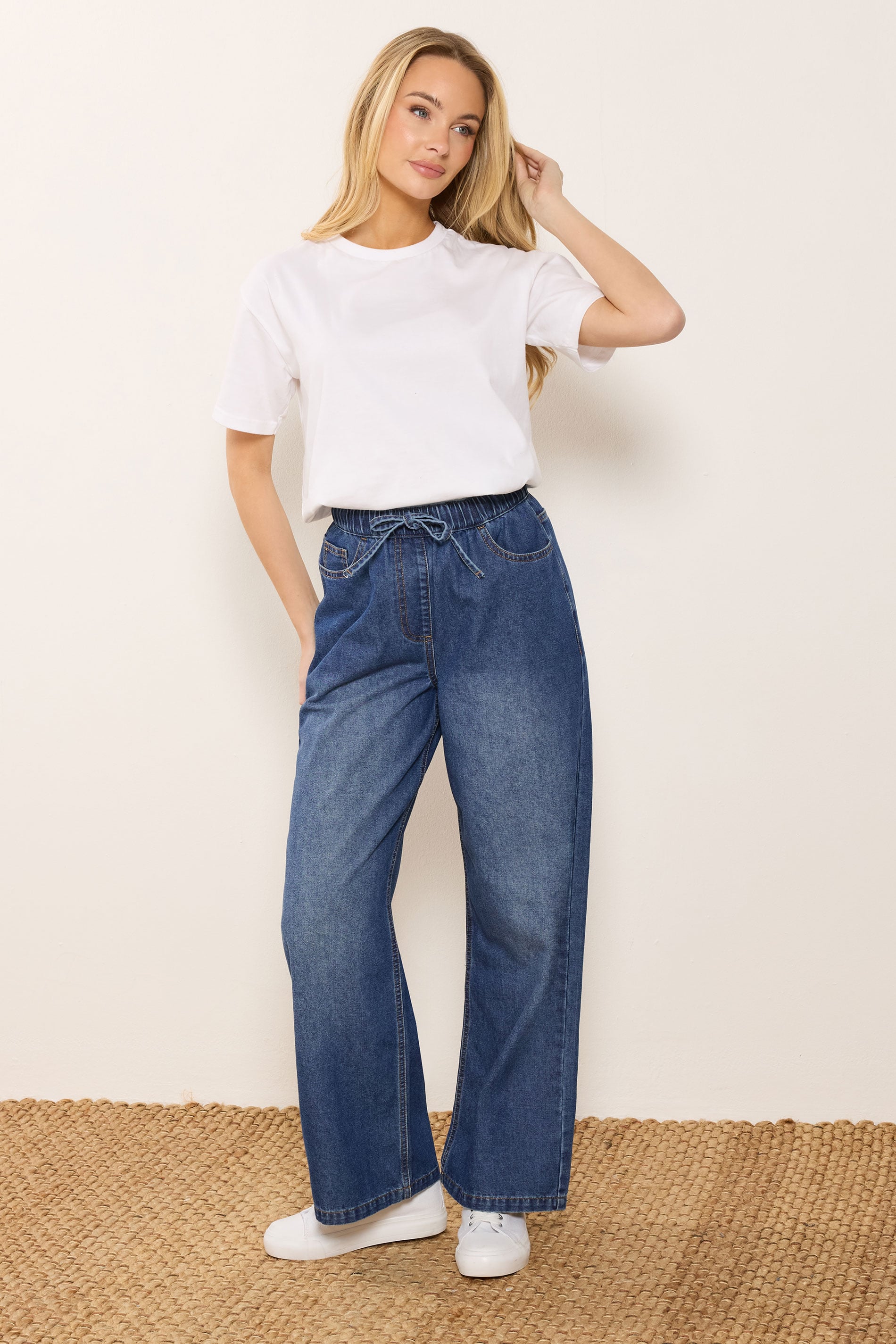 M&Co Blue Midwash Tie Waist Wide Leg Jeans | M&Co 1