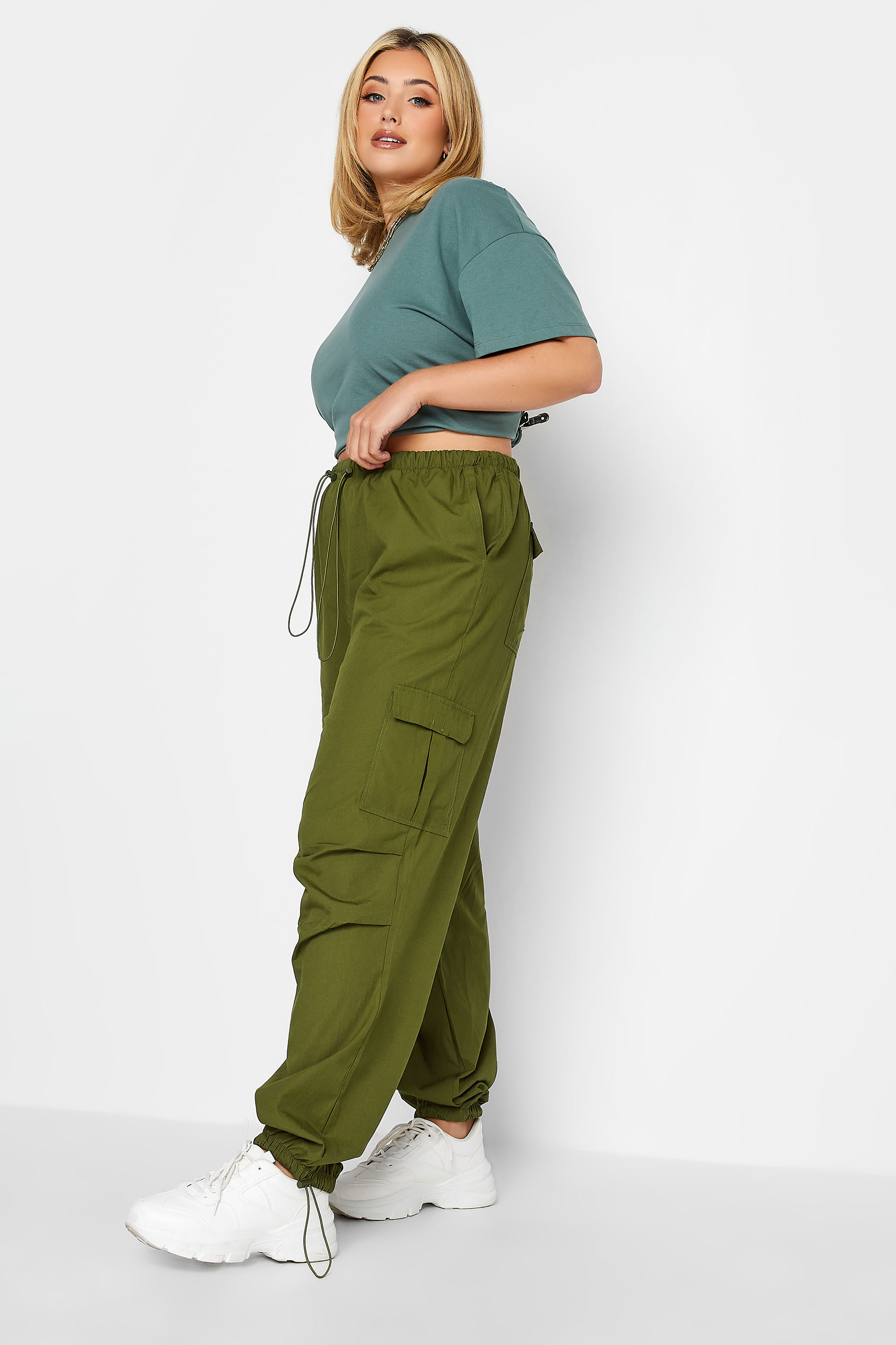 YOURS Curve Plus Size Dark Green Cuffed Cargo Parachute Trousers | Yours Clothing  2