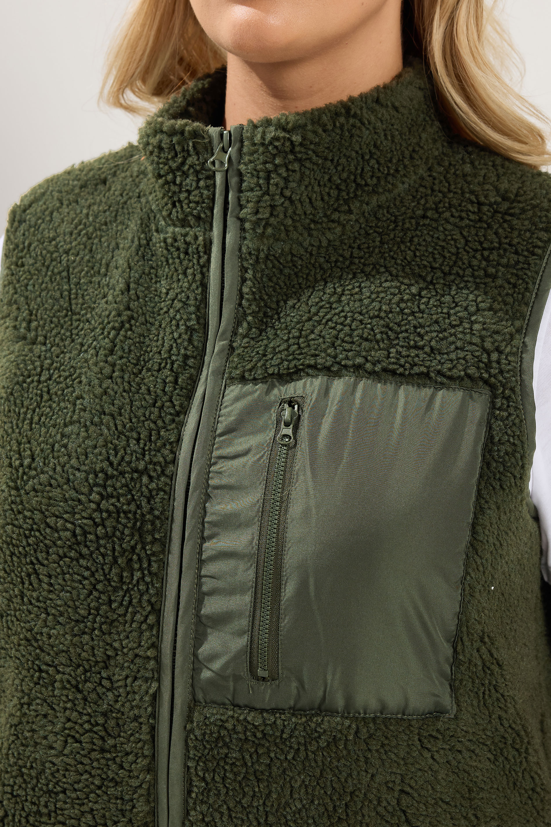 YOURS Plus Size Khaki Green Borg Zip Pocket Gilet | Yours Clothing 6