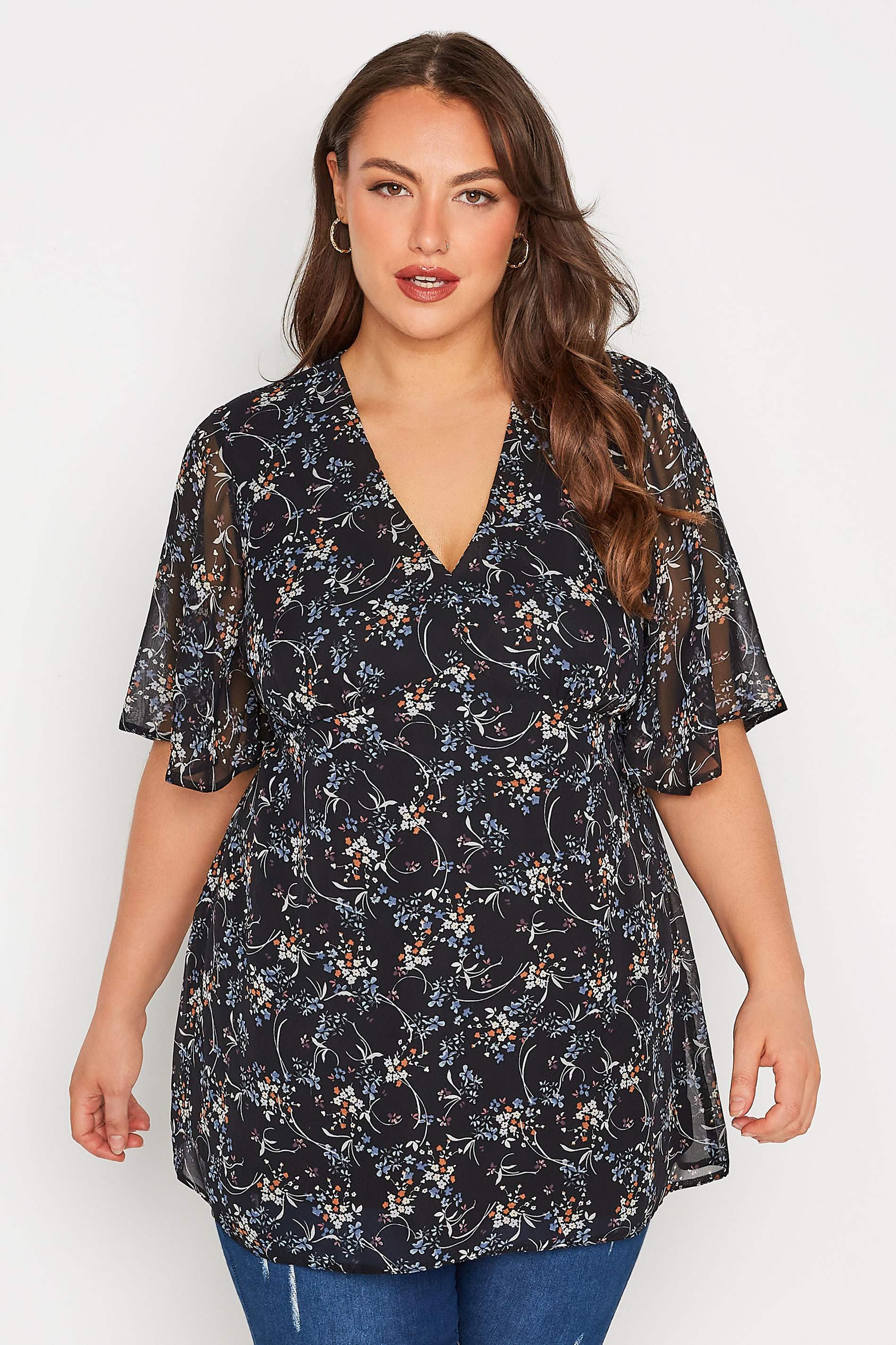 Plus Size Blue Ditsy Print Back Tie V-Neck Top | Yours Clothing 1