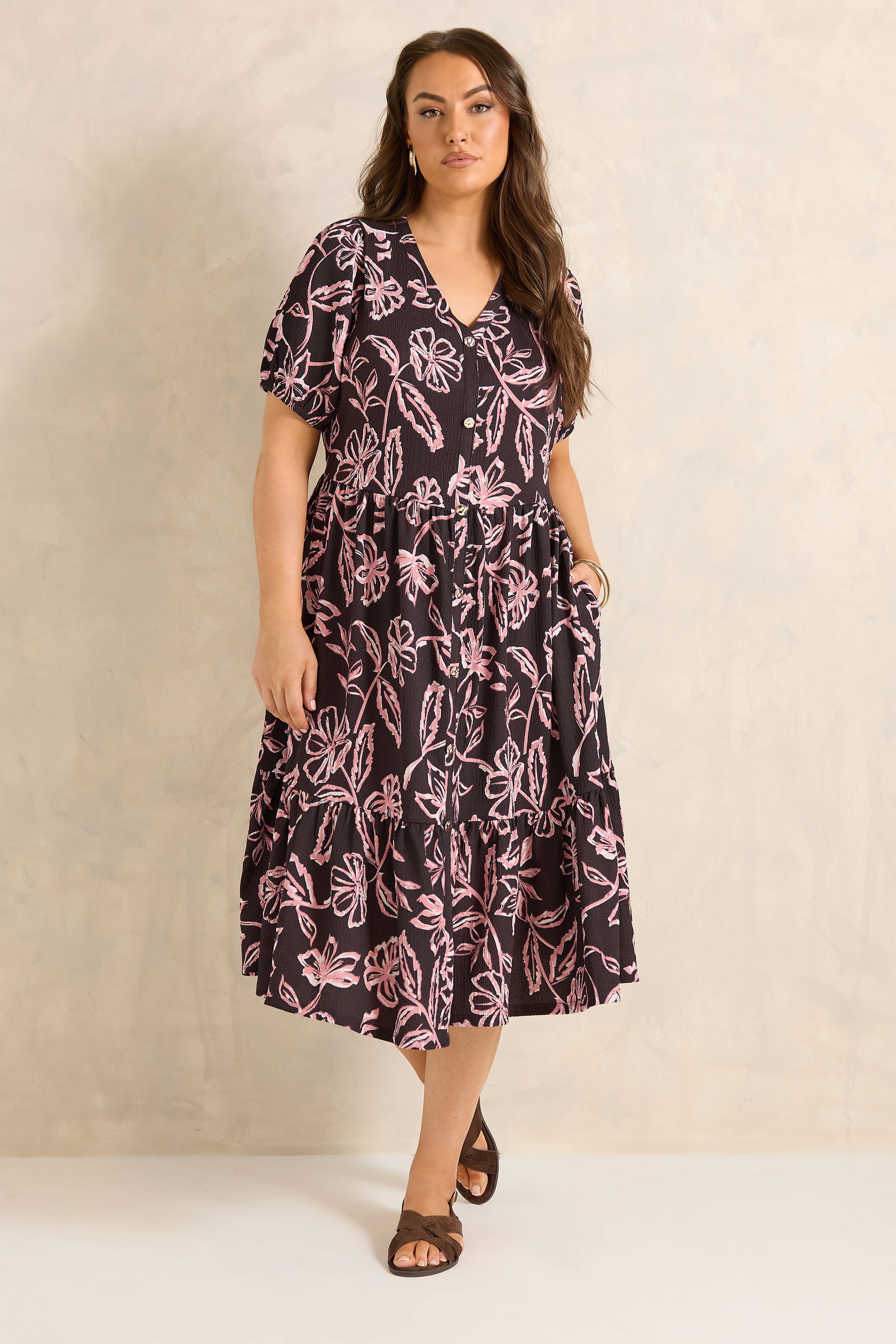 EVANS Plus Size chocolate Brown Floral Tiered Dress | Evans 1