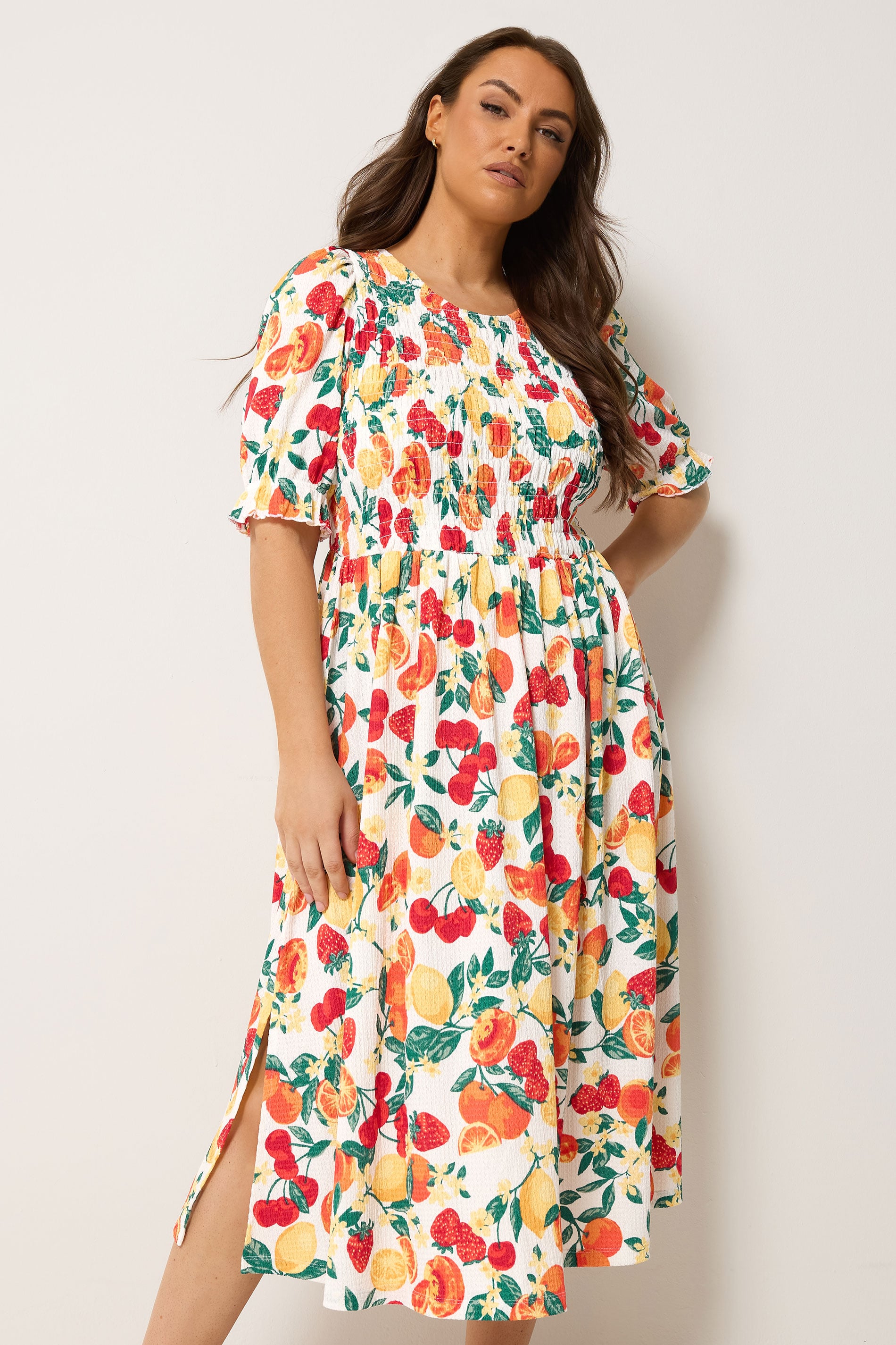 YOURS Plus Size Orange Shirred Fruit Print Dress | Yours Clothing 3