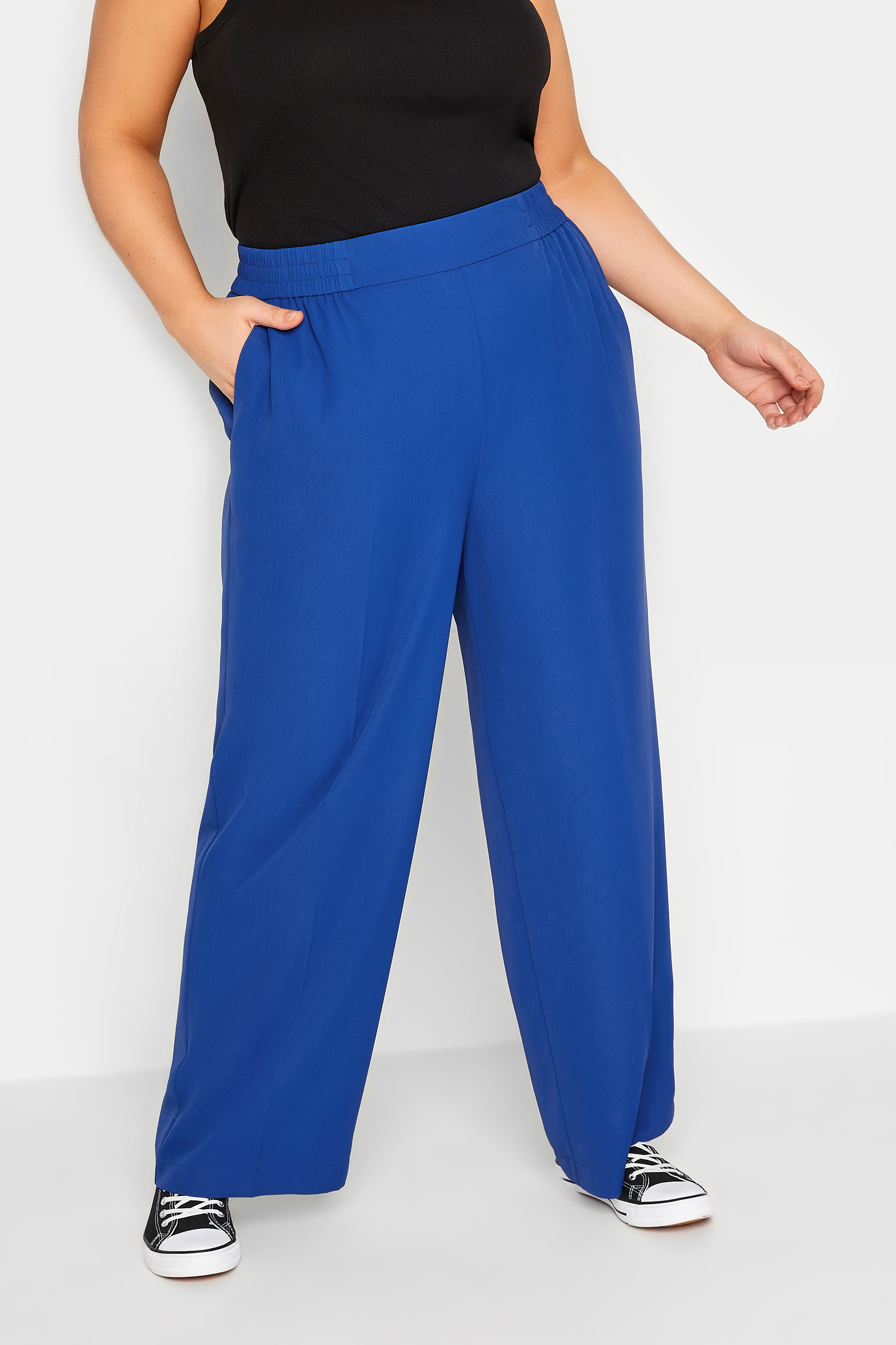 YOURS Plus Size Cobalt Blue Elasticated Waist Pull-On Wide Leg Trousers | Yours Clothing 1
