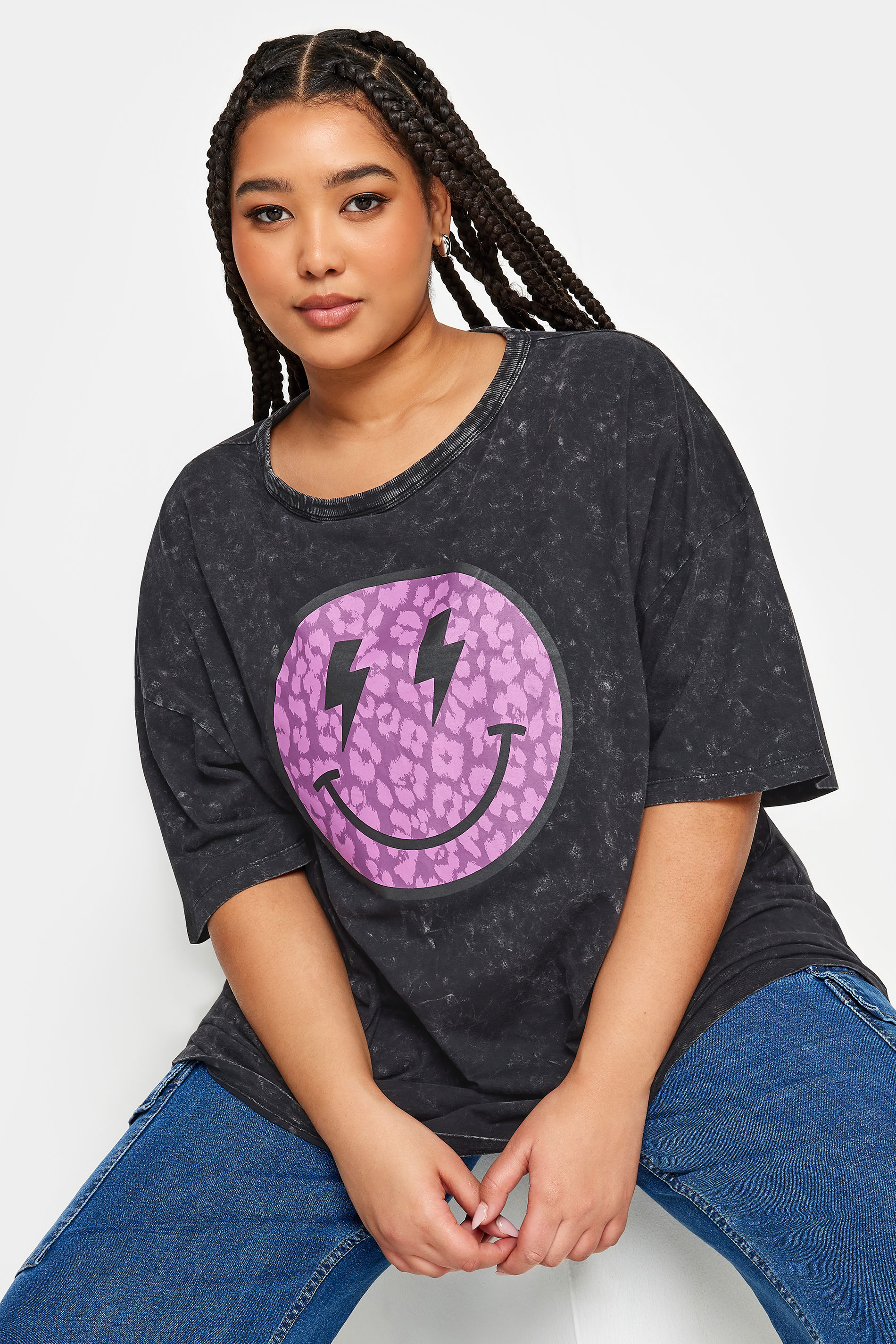 YOURS Curve Plus Size Charcoal Grey & Black Leopard Print Smiley Face T-Shirt | Yours Clothing  2
