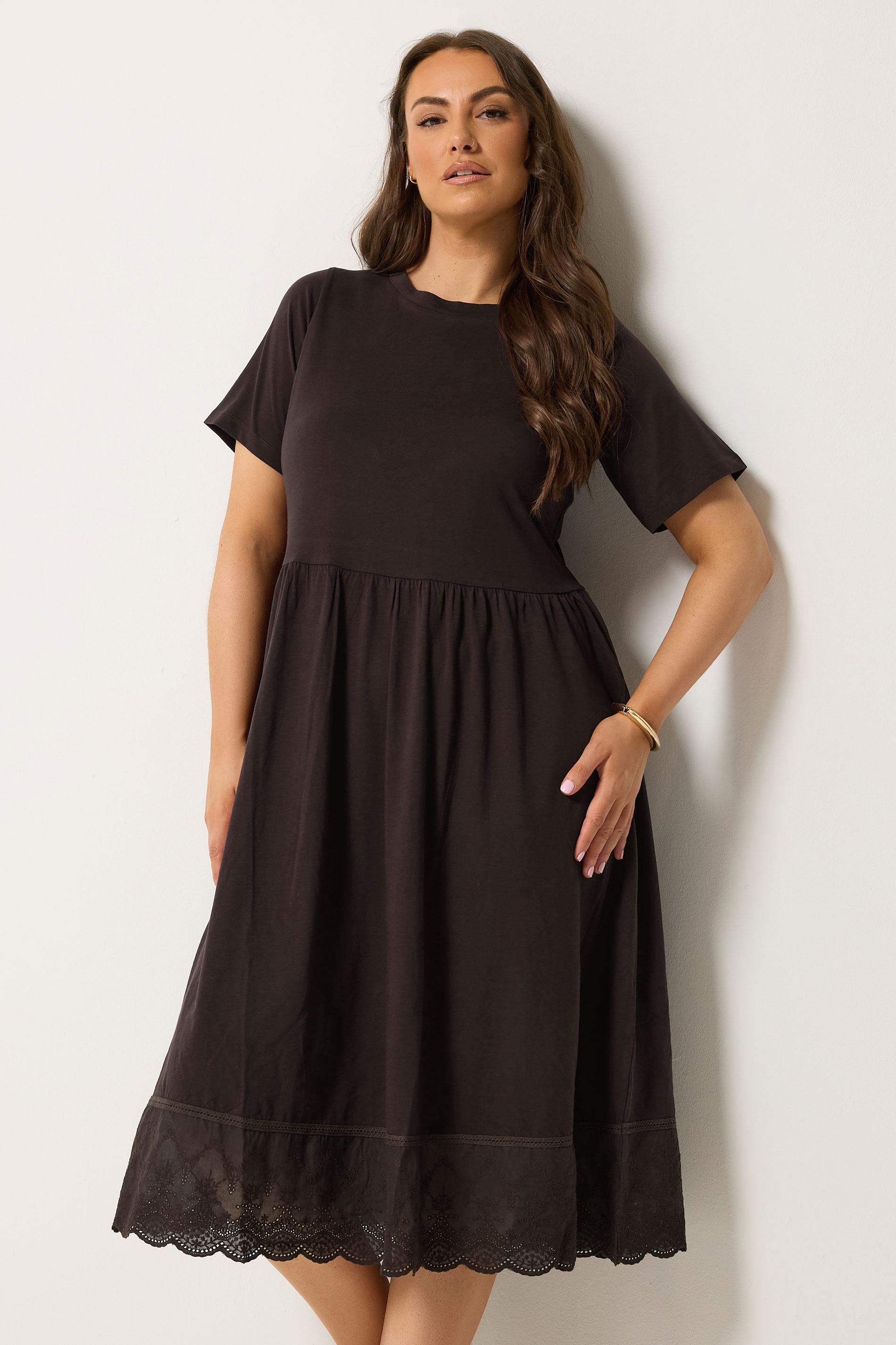 YOURS Plus Size Chocolate Brown Broderie Anglaise Trim Dress | Yours Clothing 3