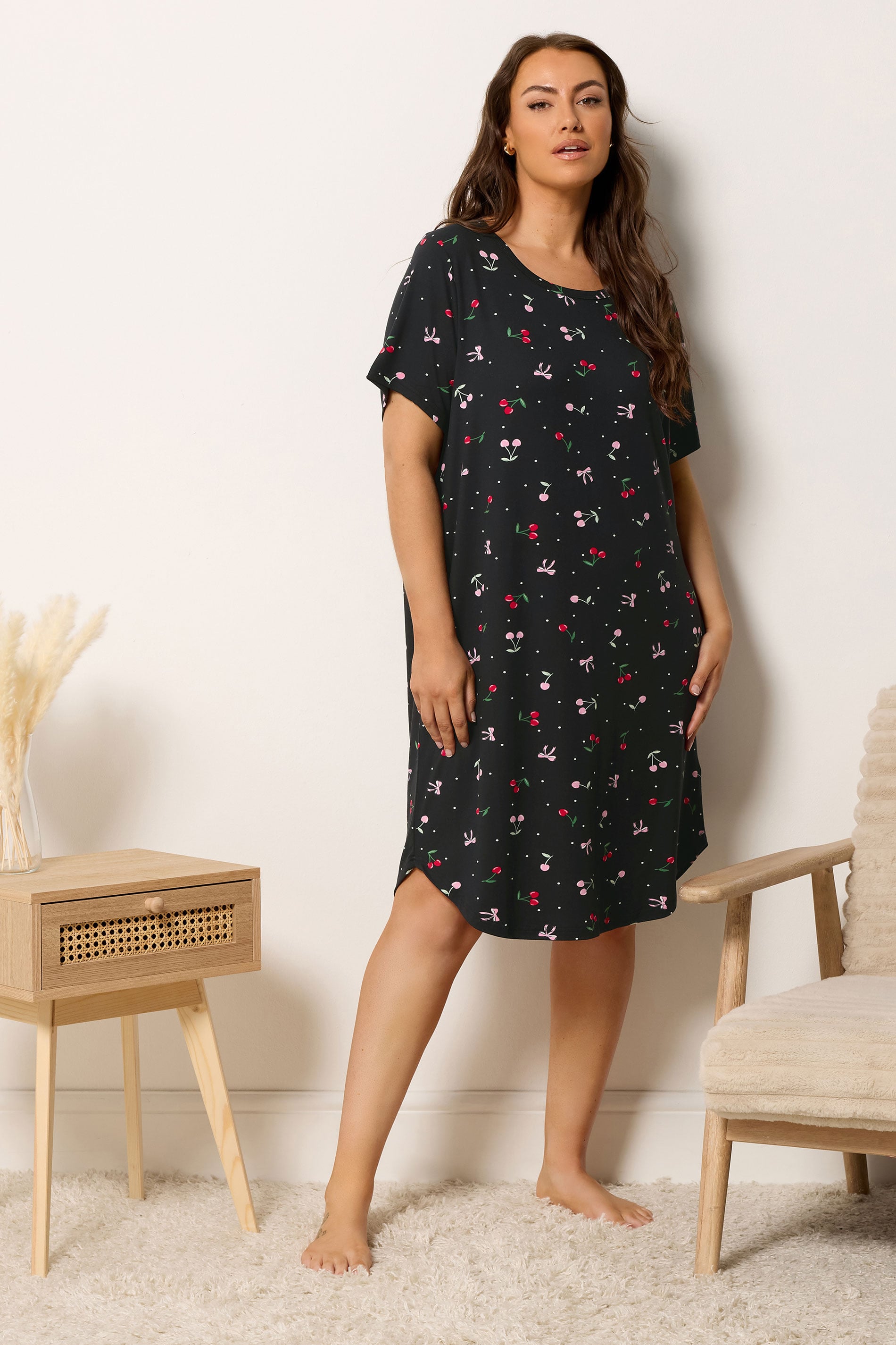 YOURSET Plus Size 2 PACK Black Lemon & Cherry Soft Touch Nightdresses | Yours Clothing 5