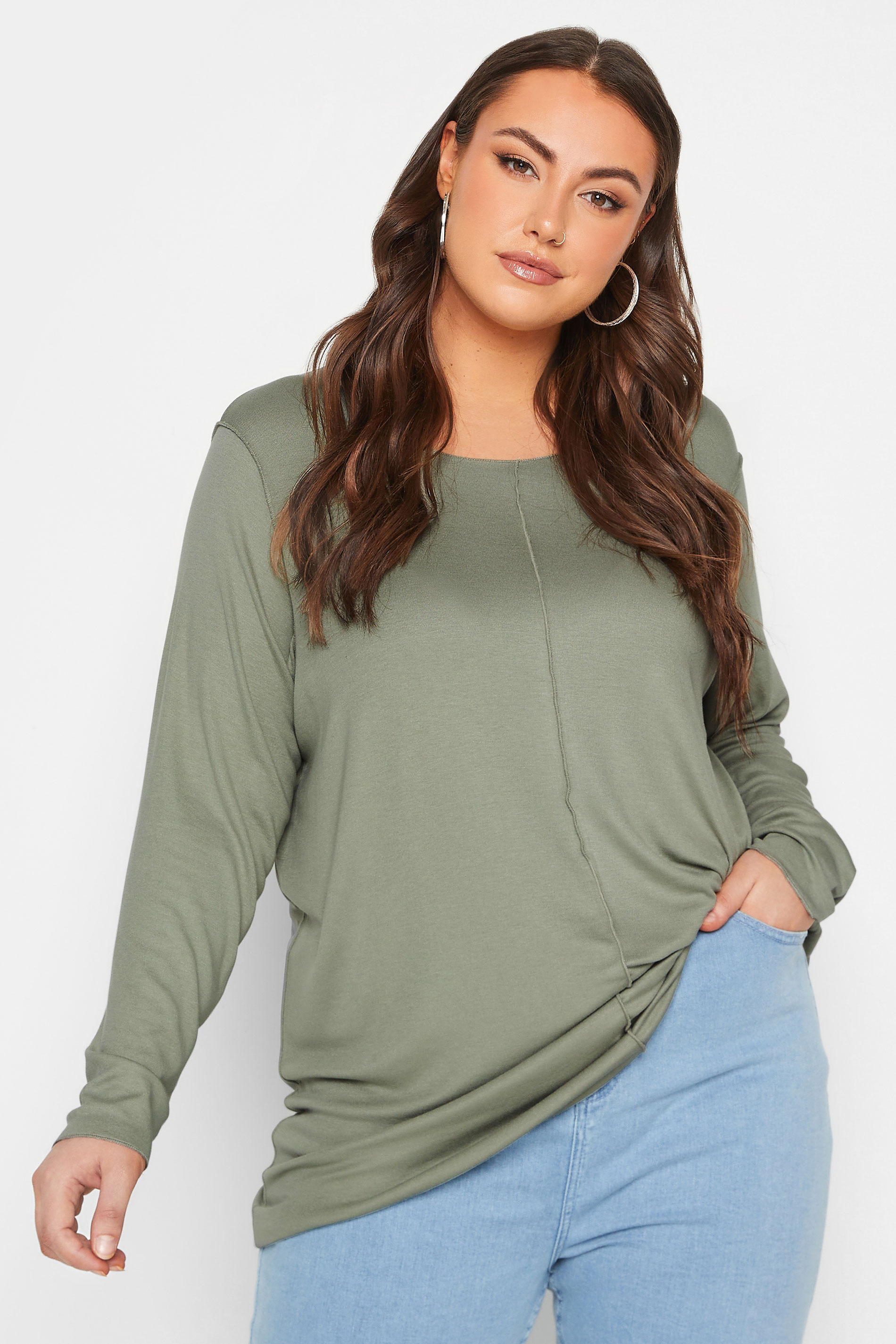 YOURS Curve Plus Size Khaki Green Front Seam Top | Yours Clothing  1