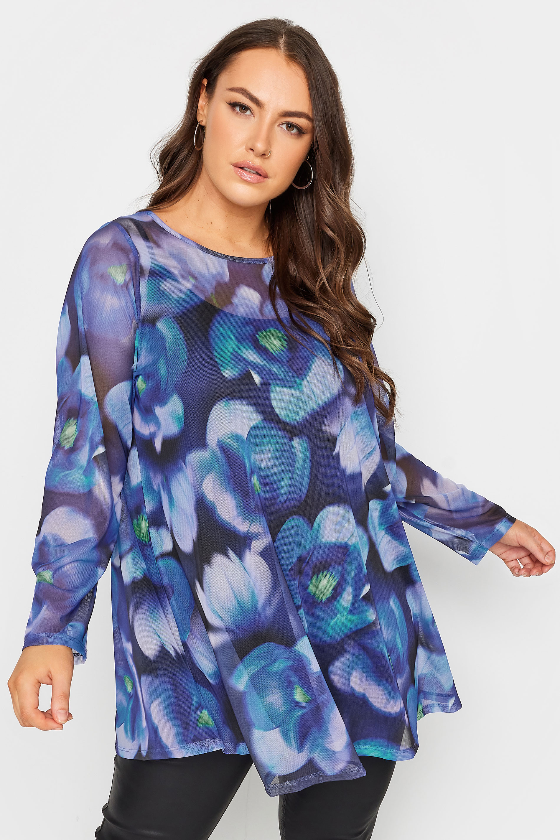 LIMITED COLLECTION Plus Size Blue Floral Print Mesh Swing Top | Yours Clothing 1