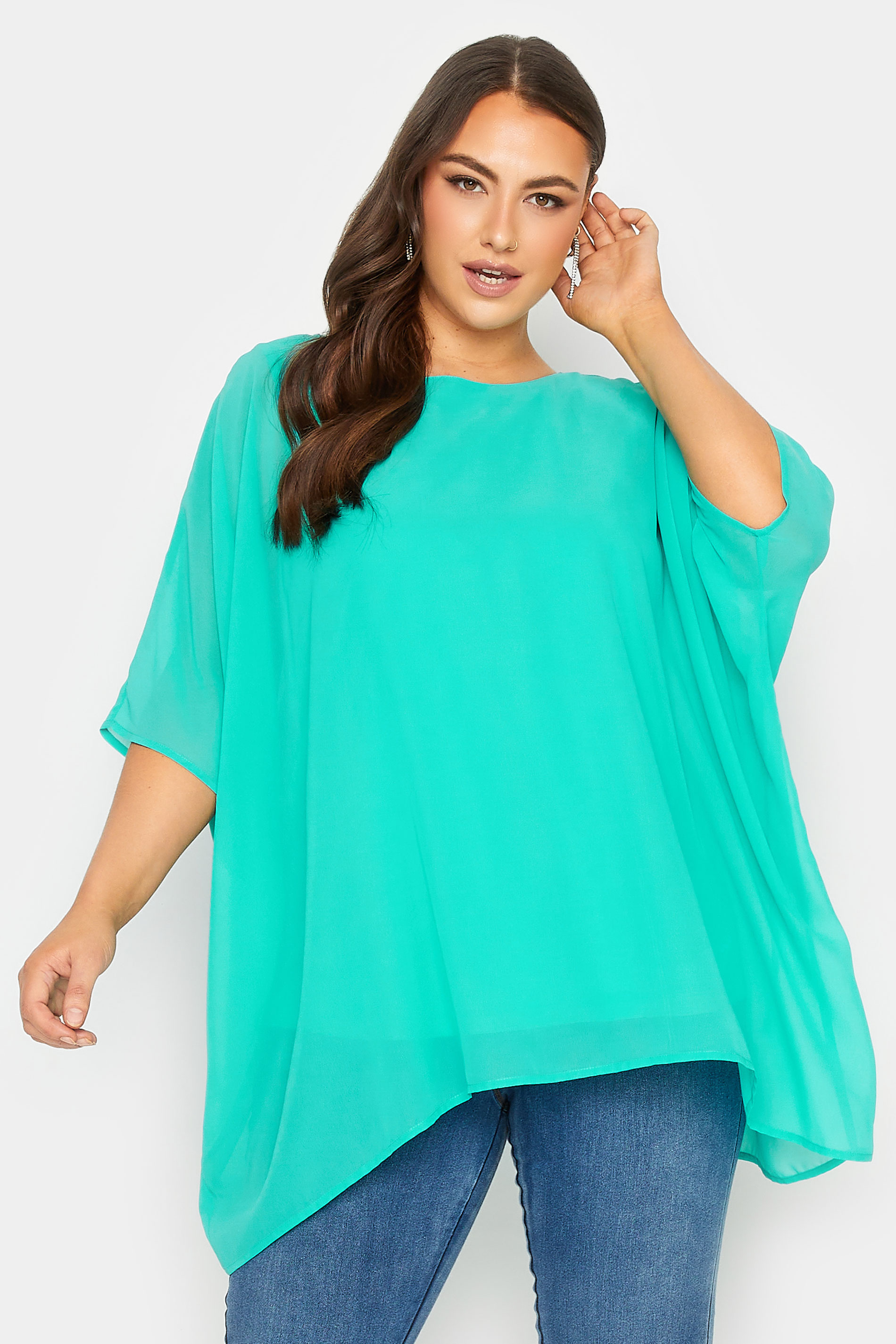 YOURS LONDON Plus Size Curve Turquoise Green Cape Top | Yours Clothing  1