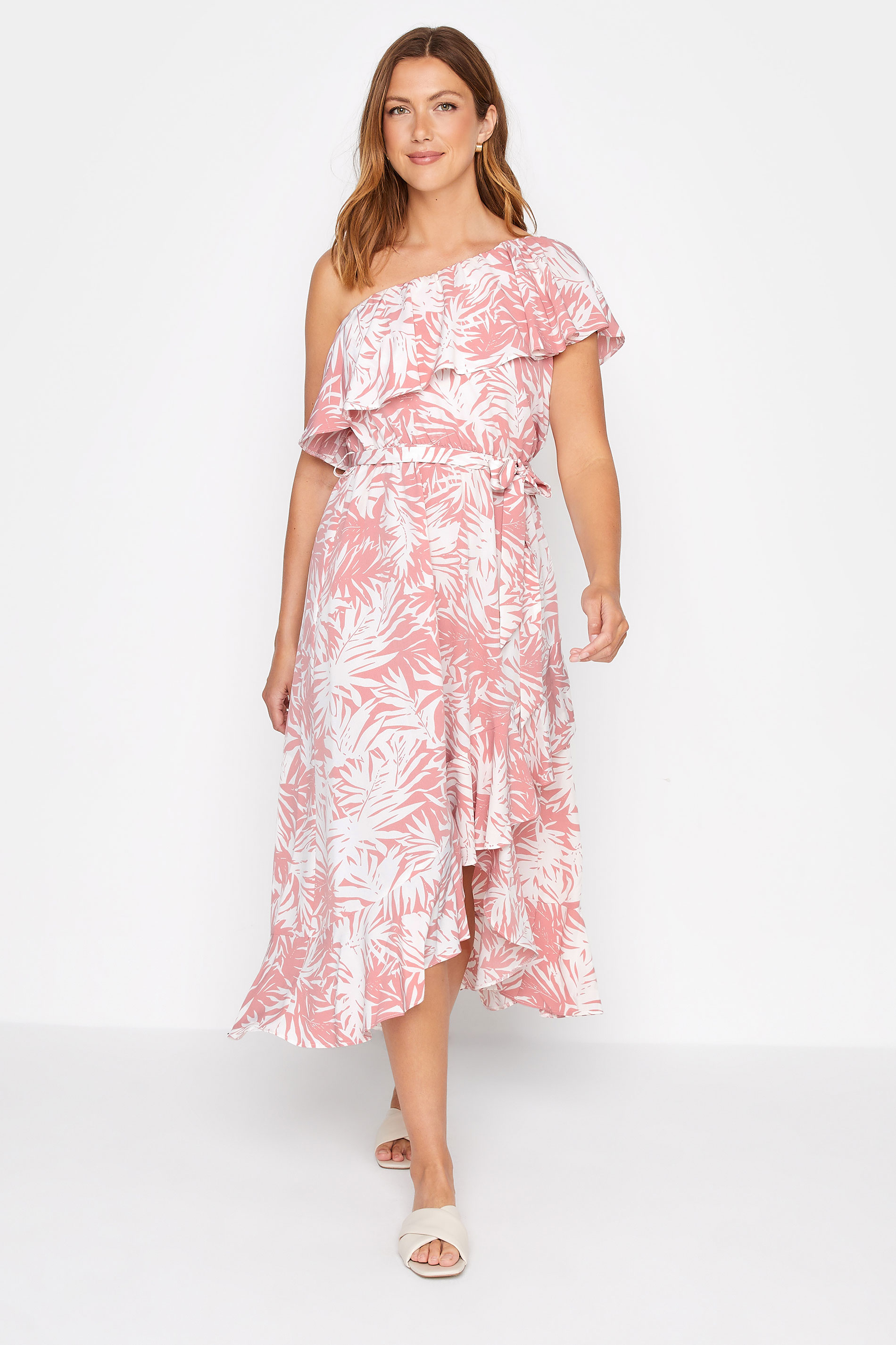 LTS Tall Pink Leaf Print One Shoulder Frill Dress 1
