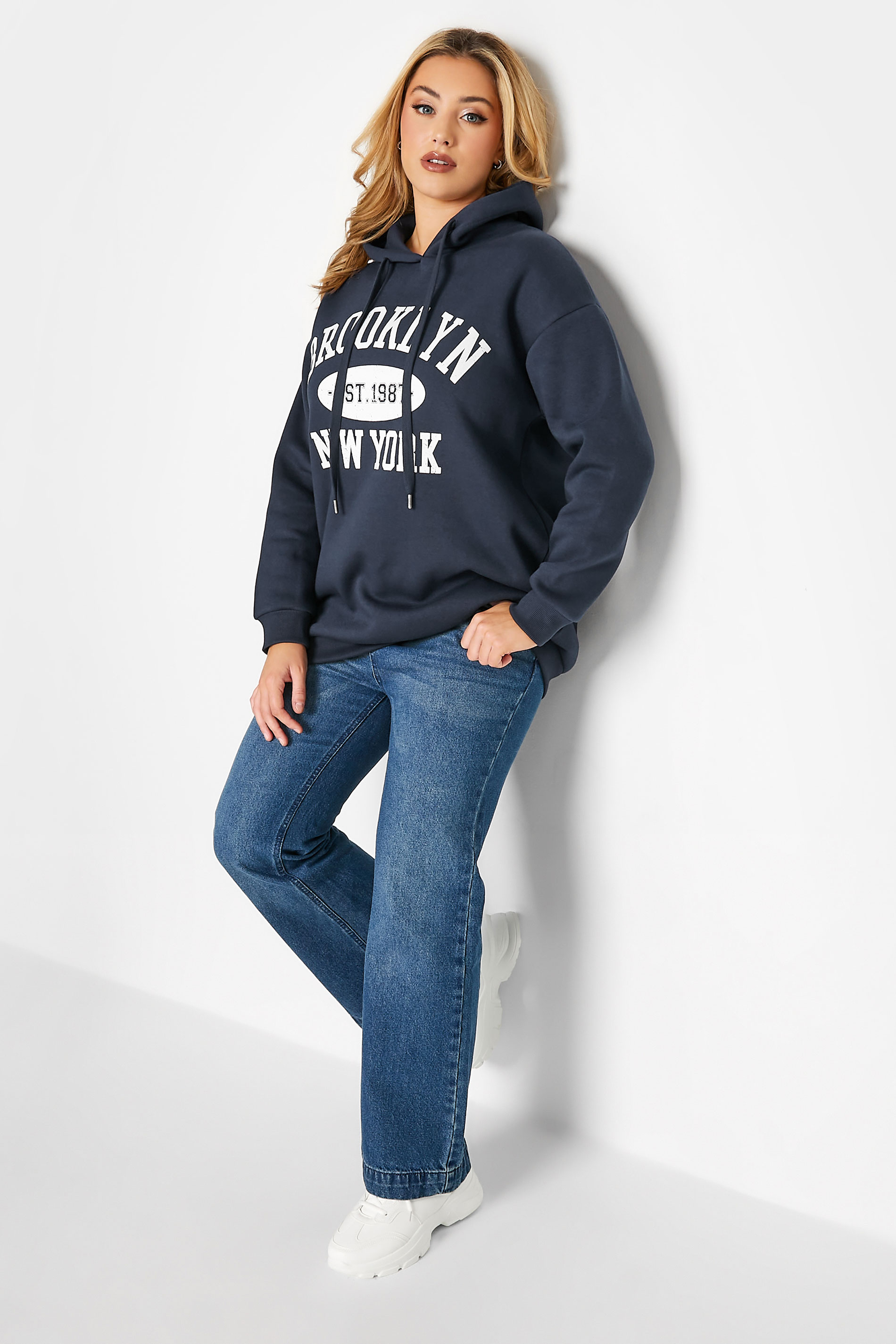 Plus Size Navy Blue 'Brooklyn New York' Slogan Hoodie