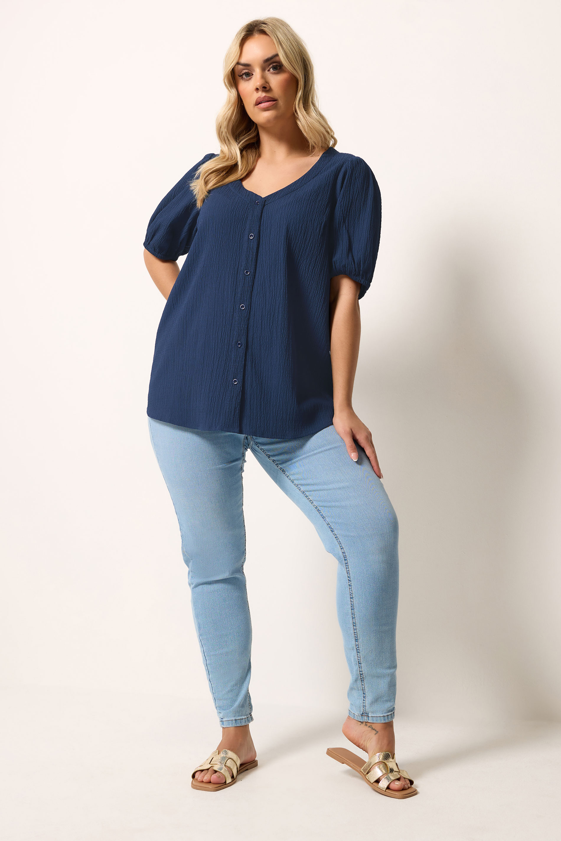 YOURS Plus Size Navy Blue Textured Blouse | Yours Clothing 1