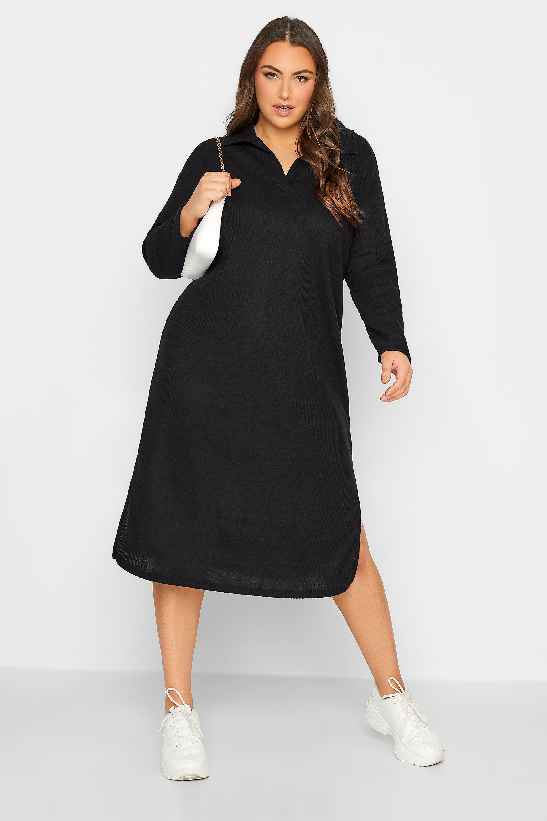 Plus Size Black Soft Touch Open Collar Midi Dress | Yours Clothing  1