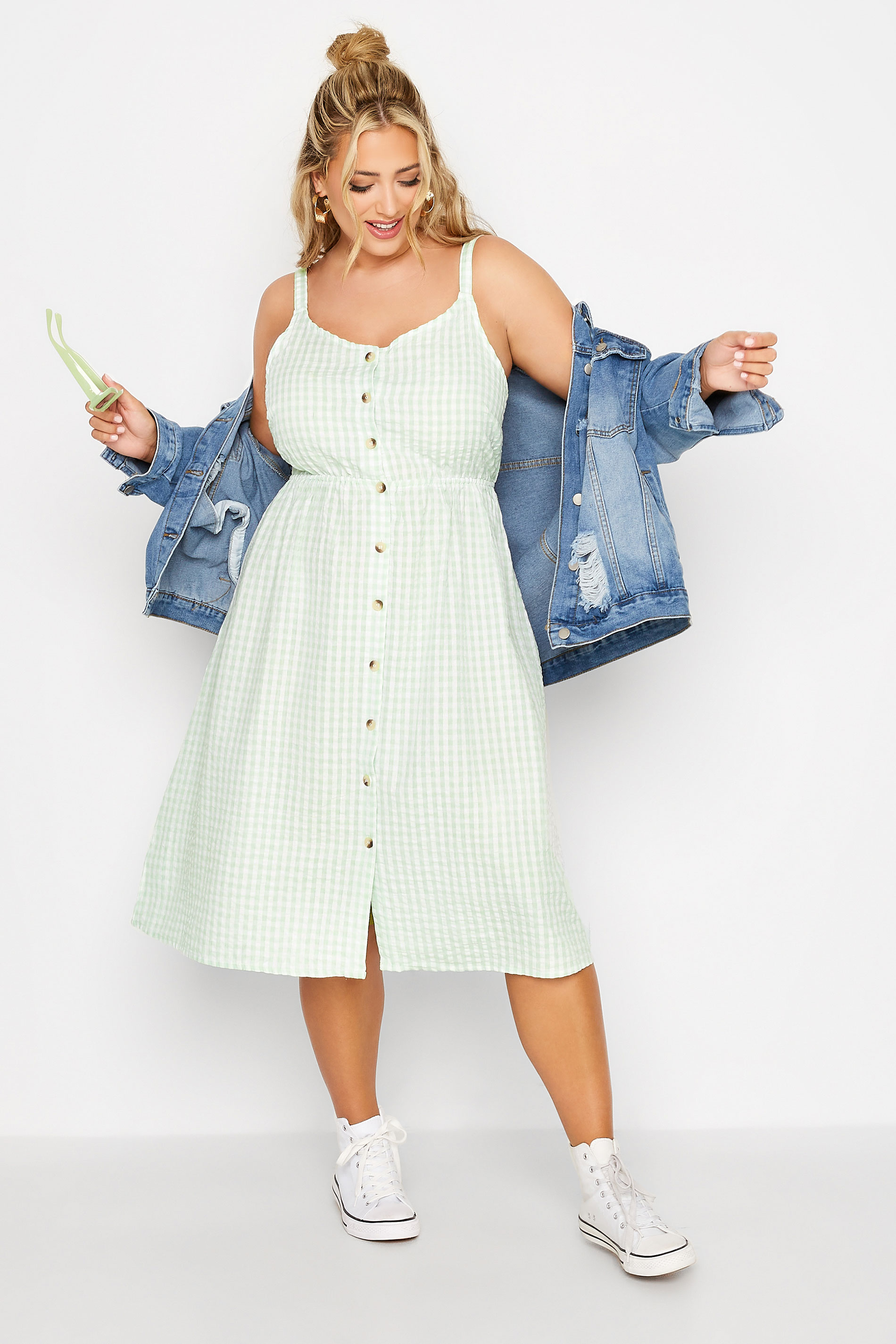 LIMITED COLLECTION Plus Size Green Gingham Button Front Sundress | Yours Clothing  1