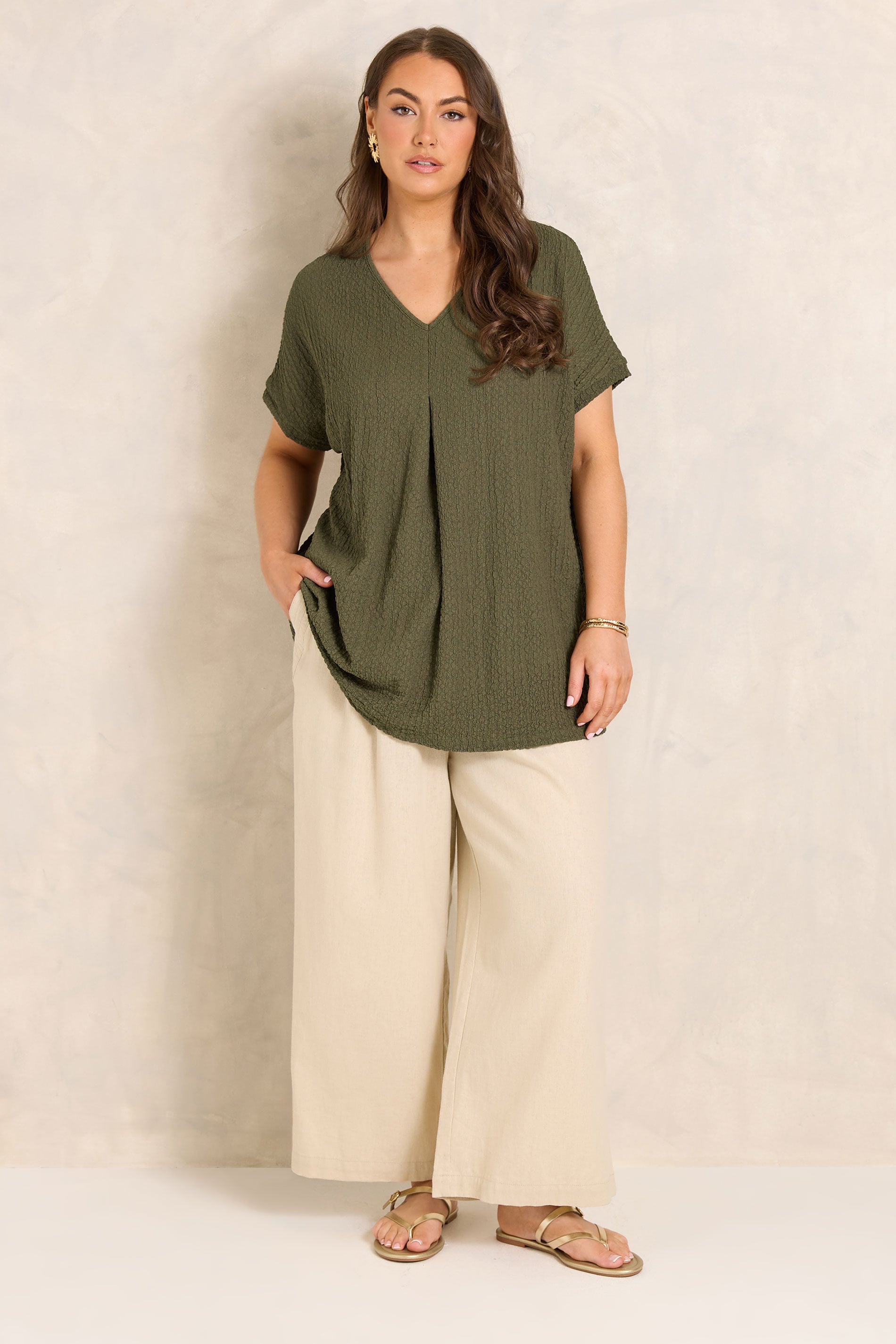 EVANS Plus Size Khaki Green Plisse Pleat Top | Evans 1
