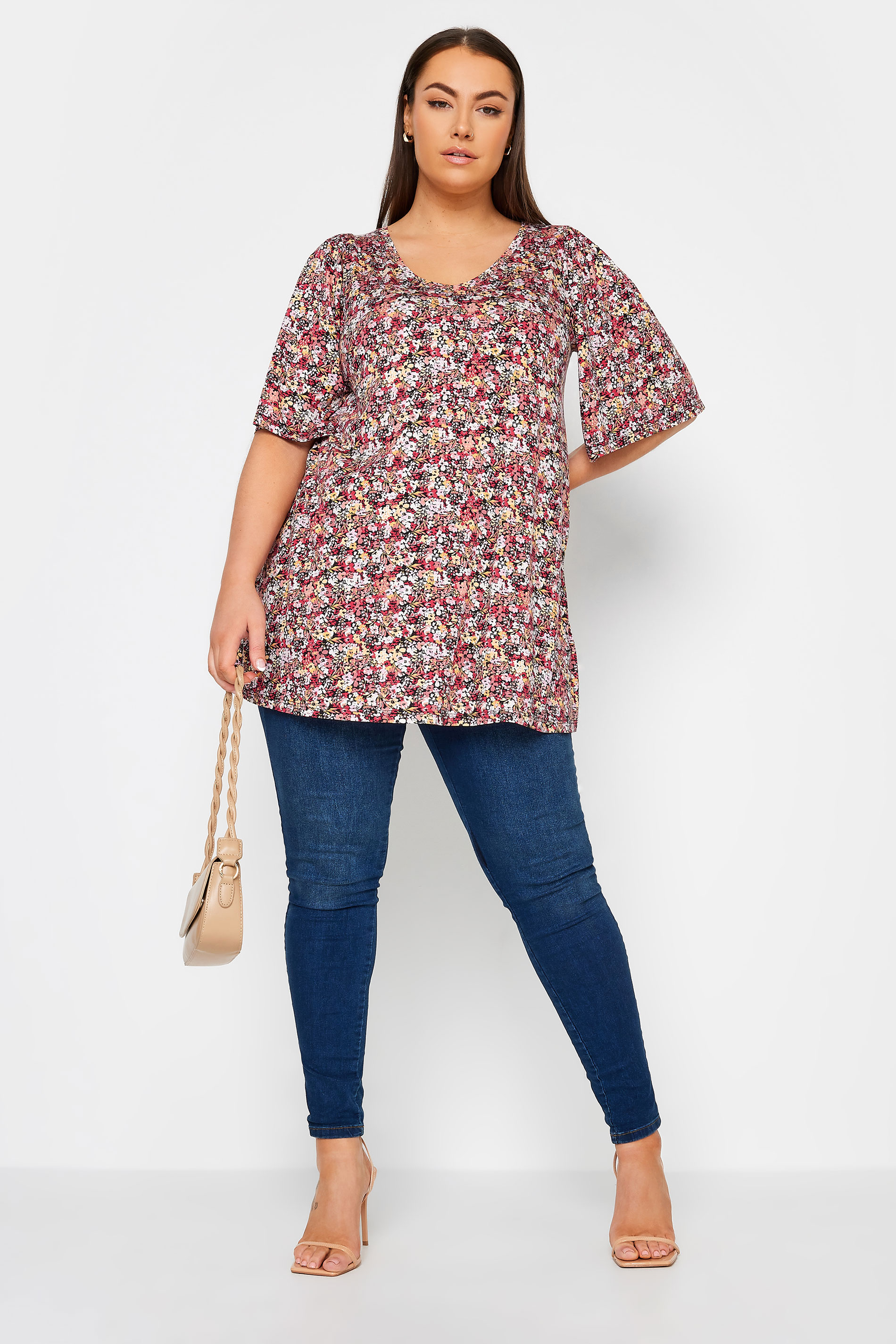YOURS Plus Size Red & Pink Floral Print Angel Sleeve Top | Yours Clothing 2