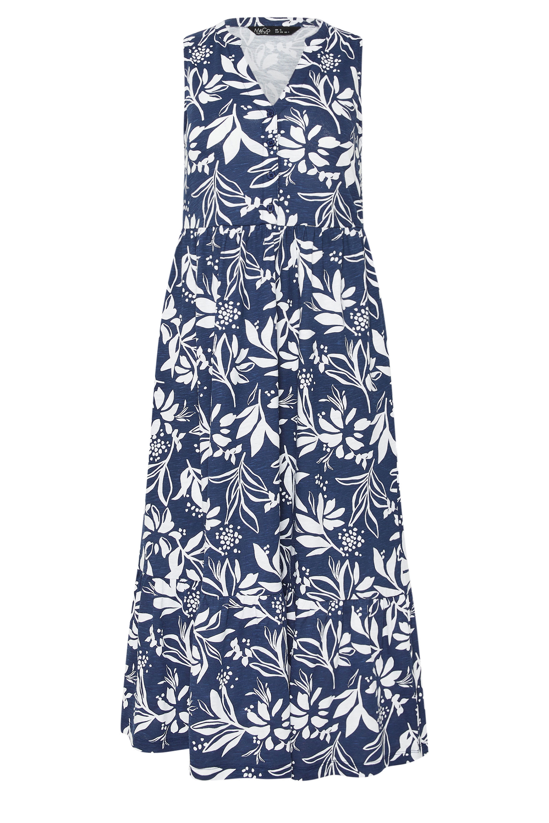 M&Co Petite Navy Blue Leaf Print Sleeveless Cotton Midi Dress | M&Co 5