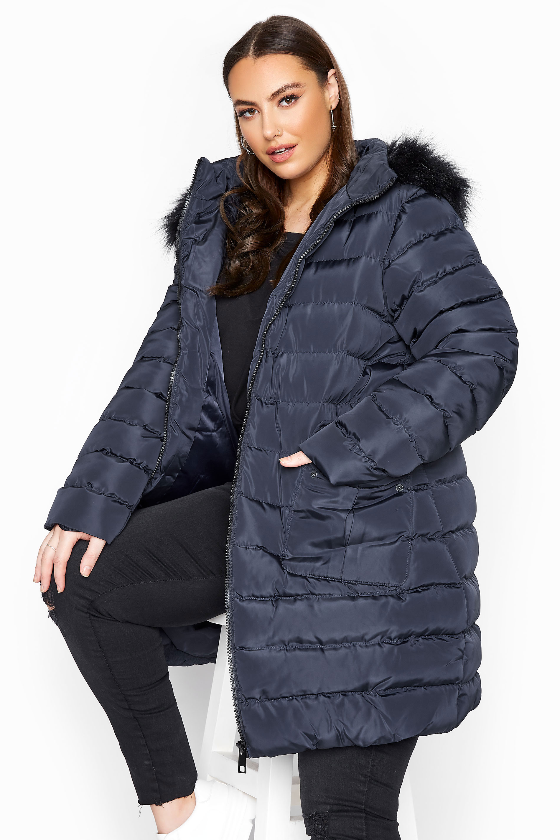 Navy Midi Padded Puffer Coat | Yours Clothing