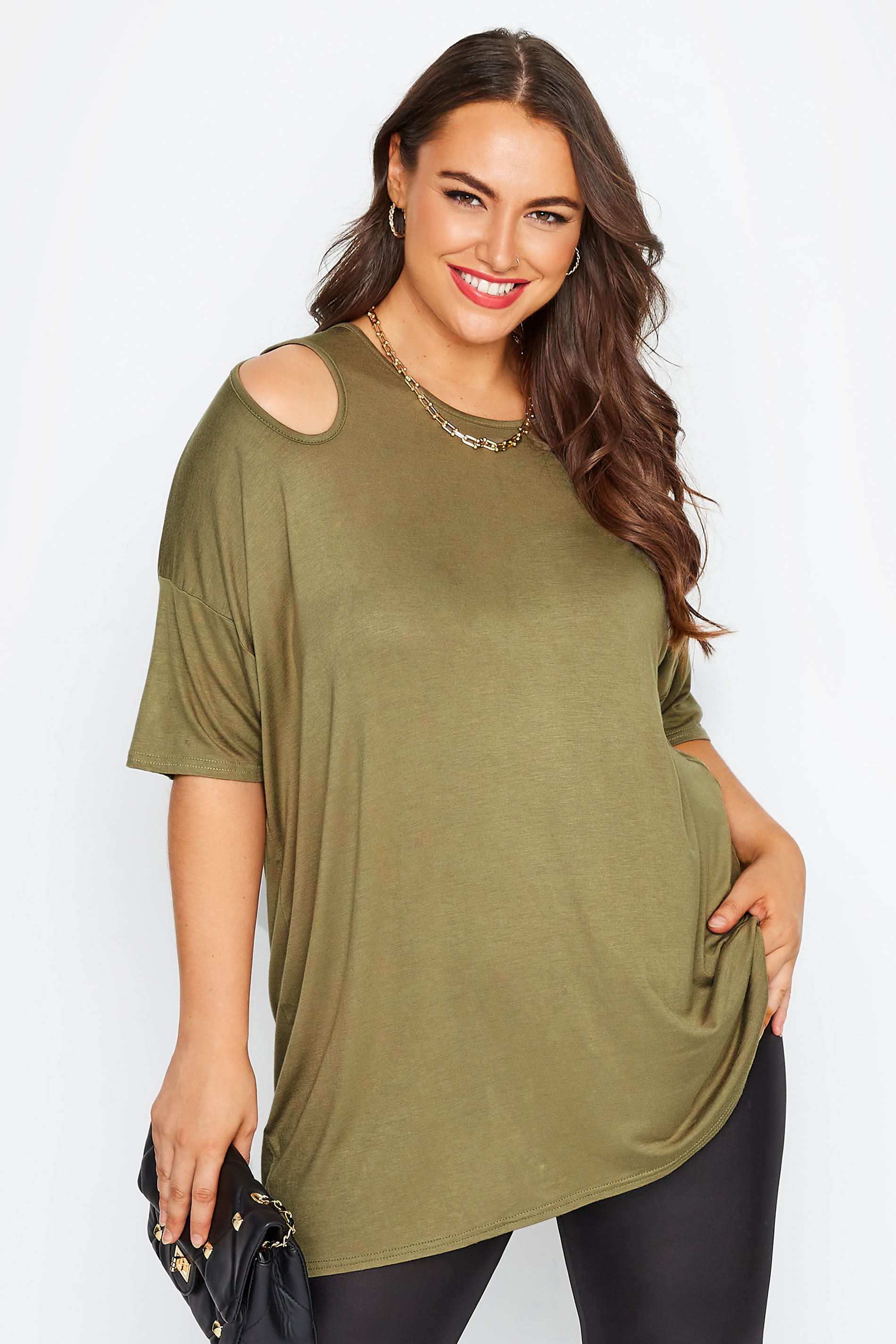 LIMITED COLLECTION Plus Size Khaki Green Cut Out Sleeve Oversized T-Shirt | Yours Clothing 1