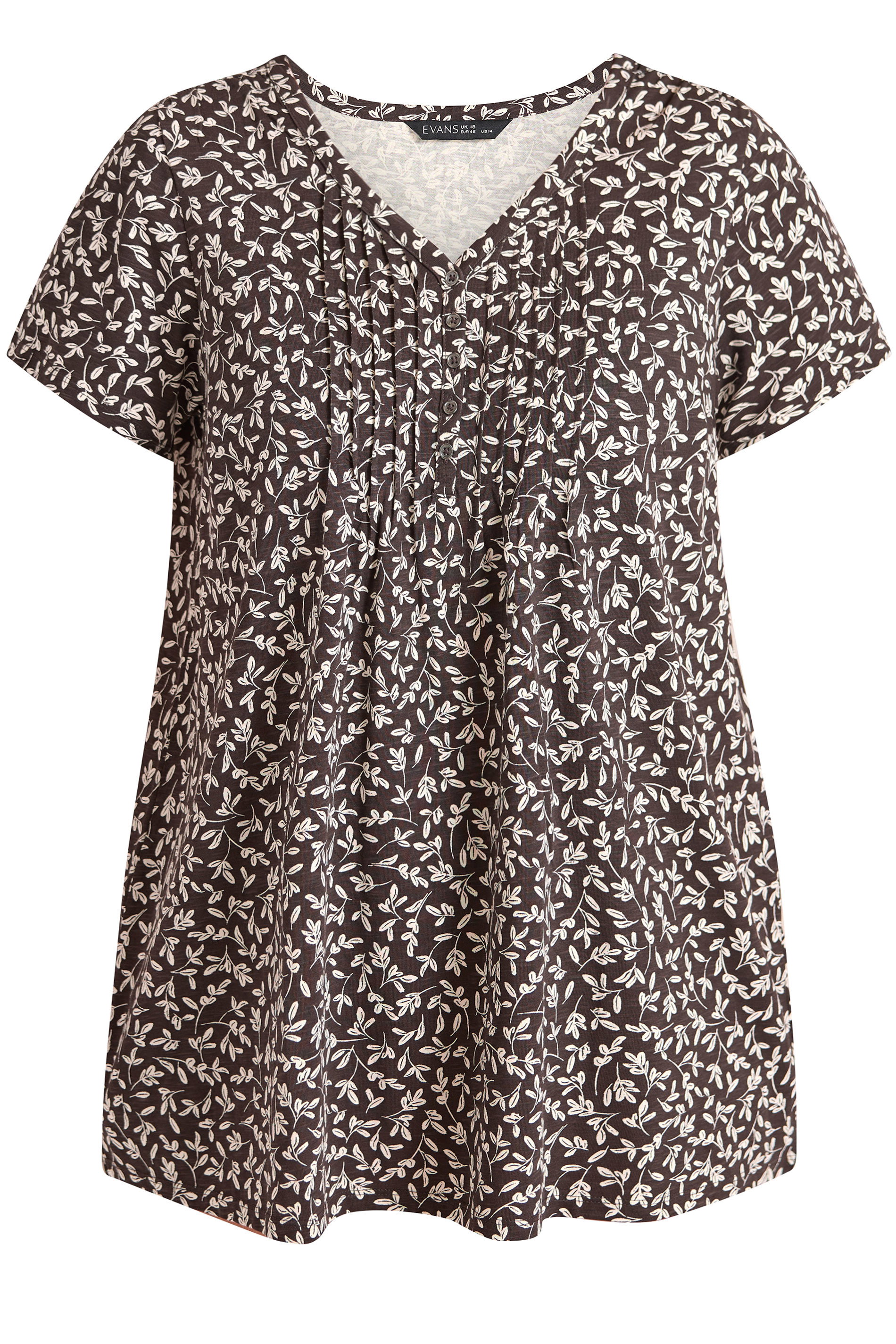 EVANS Plus Size Chocolate Brown Print Cotton Henley Top | Evans 5