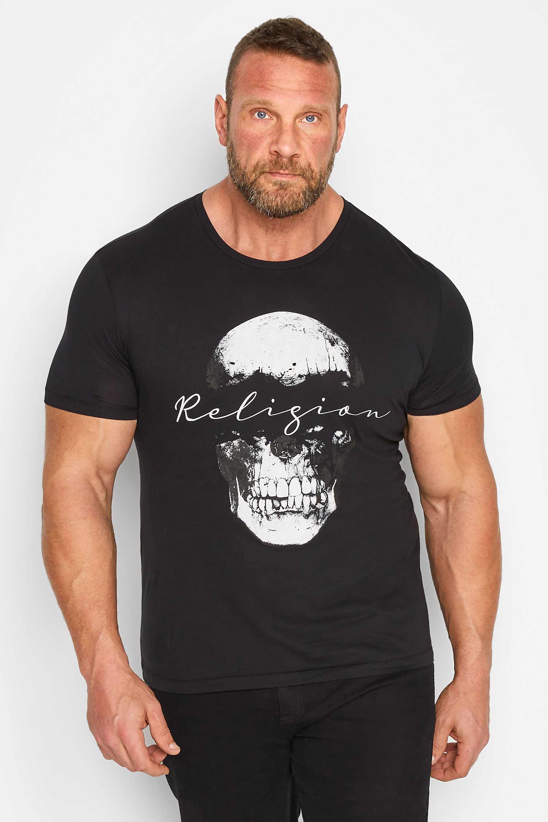 RELIGION Big & Tall Black Split Skull Printed T-Shirt | BadRhino 1