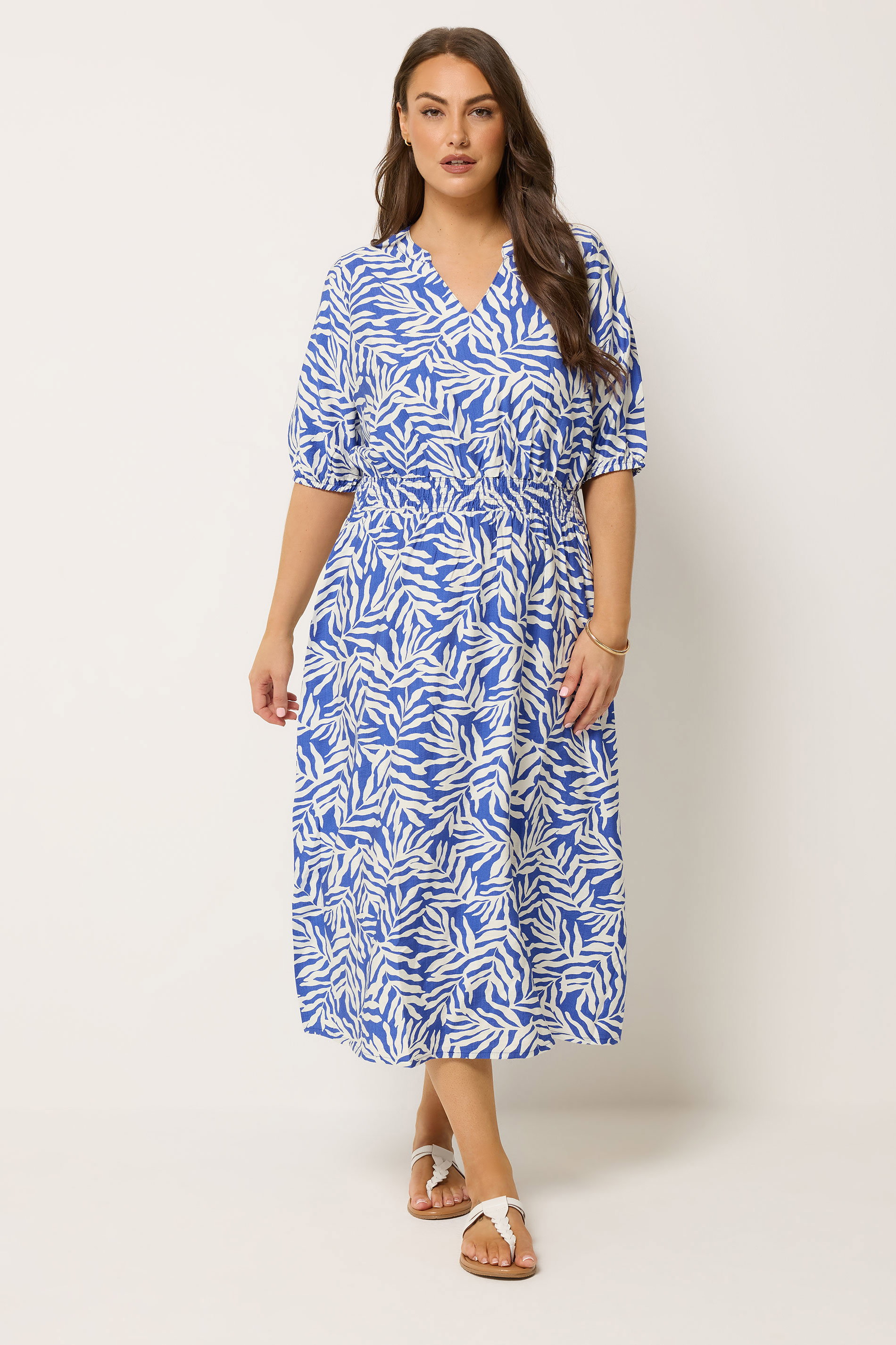 YOURS Plus Size Blue Leaf Print Notch Neck Dress | Yours Clothing 1