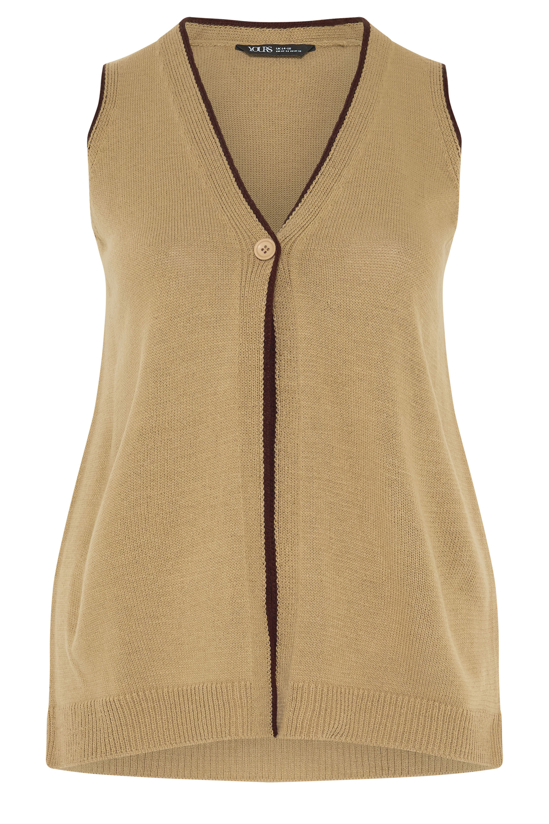 YOURS Plus Size Natural Brown Contrast Trim Knitted Waistcoat | Yours Clothing 5