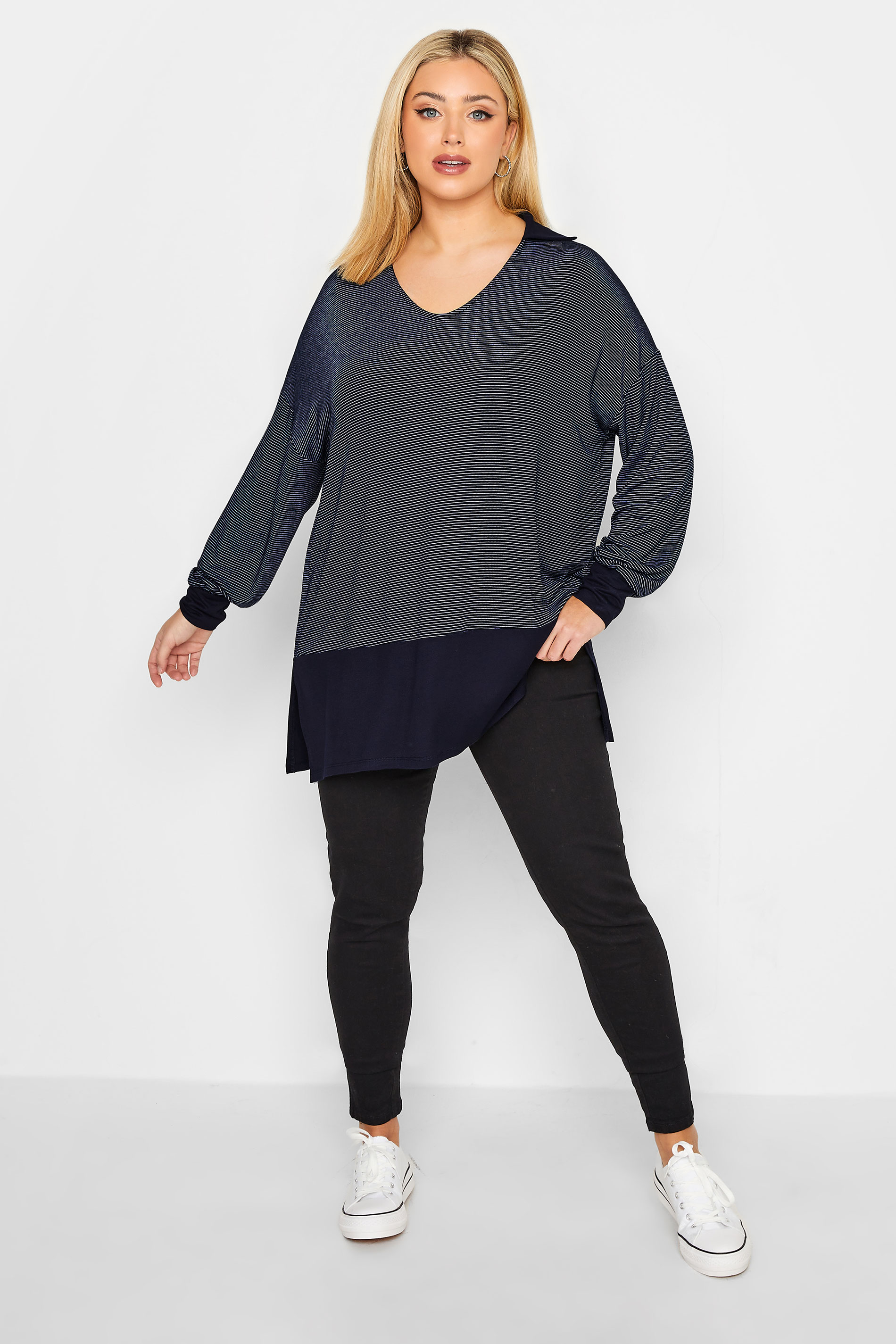 YOURS Plus Size Curve Blue & Black Stripe Polo Neck Top | Yours Clothing  2