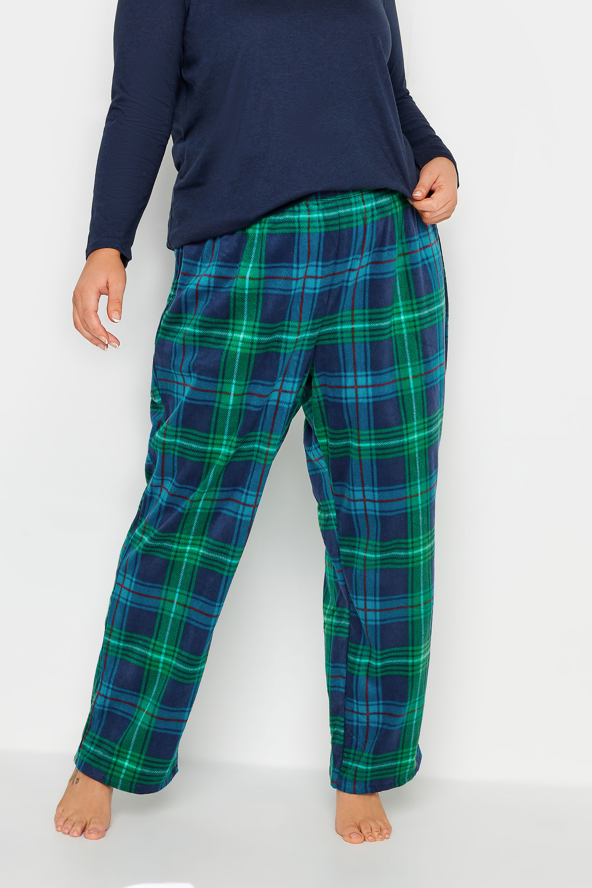 YOURS Curve Plus Size Blue & Green Tartan Print Pyjama Bottoms | Yours Clothing  2