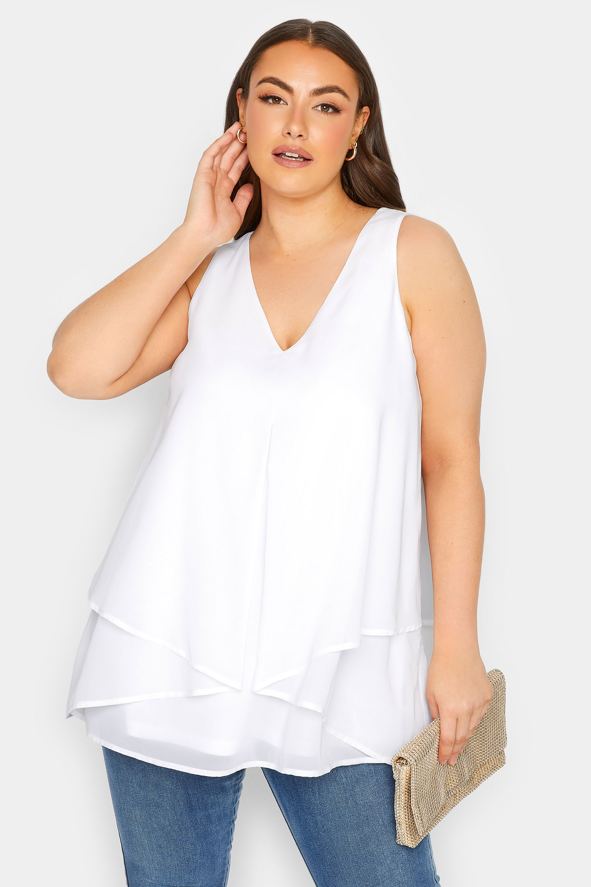 YOURS LONDON Plus Size White Layered Vest Top | Yours Clothing 1
