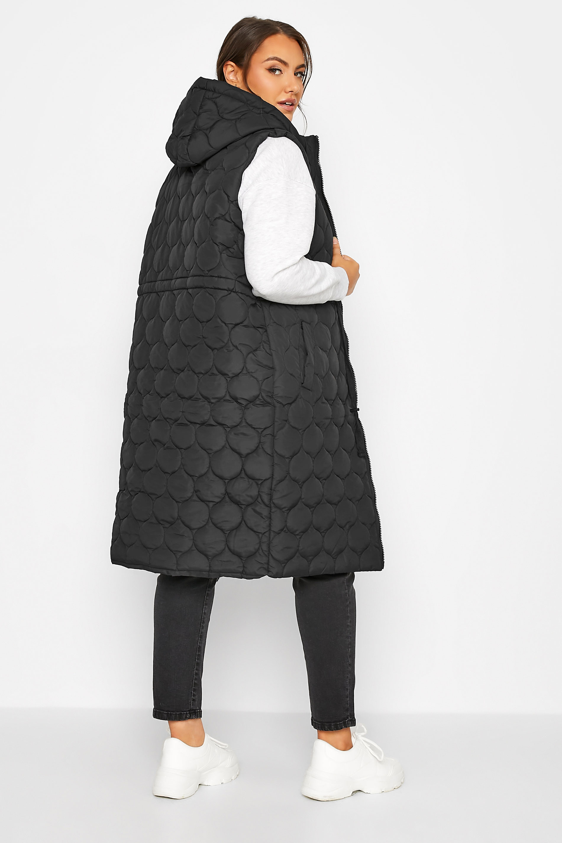 Plus Size Black Quilted Midi Hooded Gilet | Yours Clothing 3
