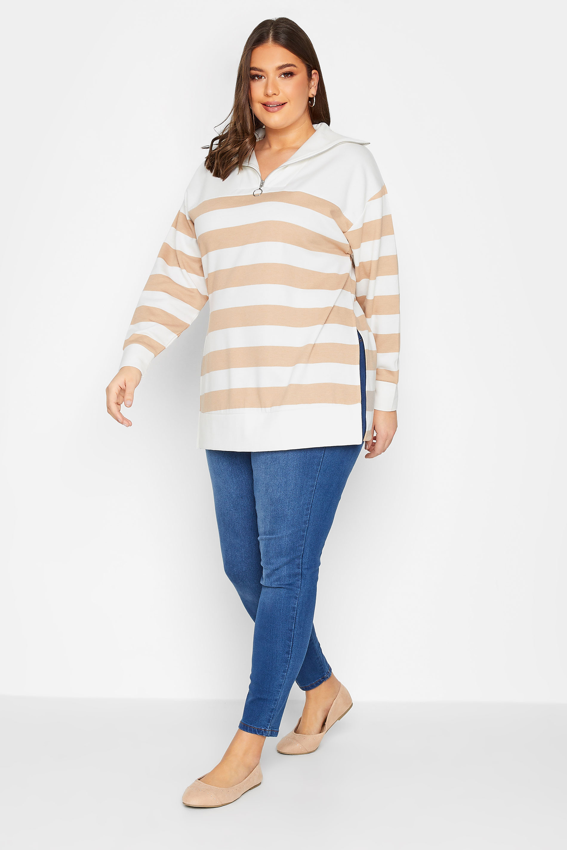 YOURS Plus Size White & Beige Brown Stripe Quarter Zip Jumper | Yours Clothing 2