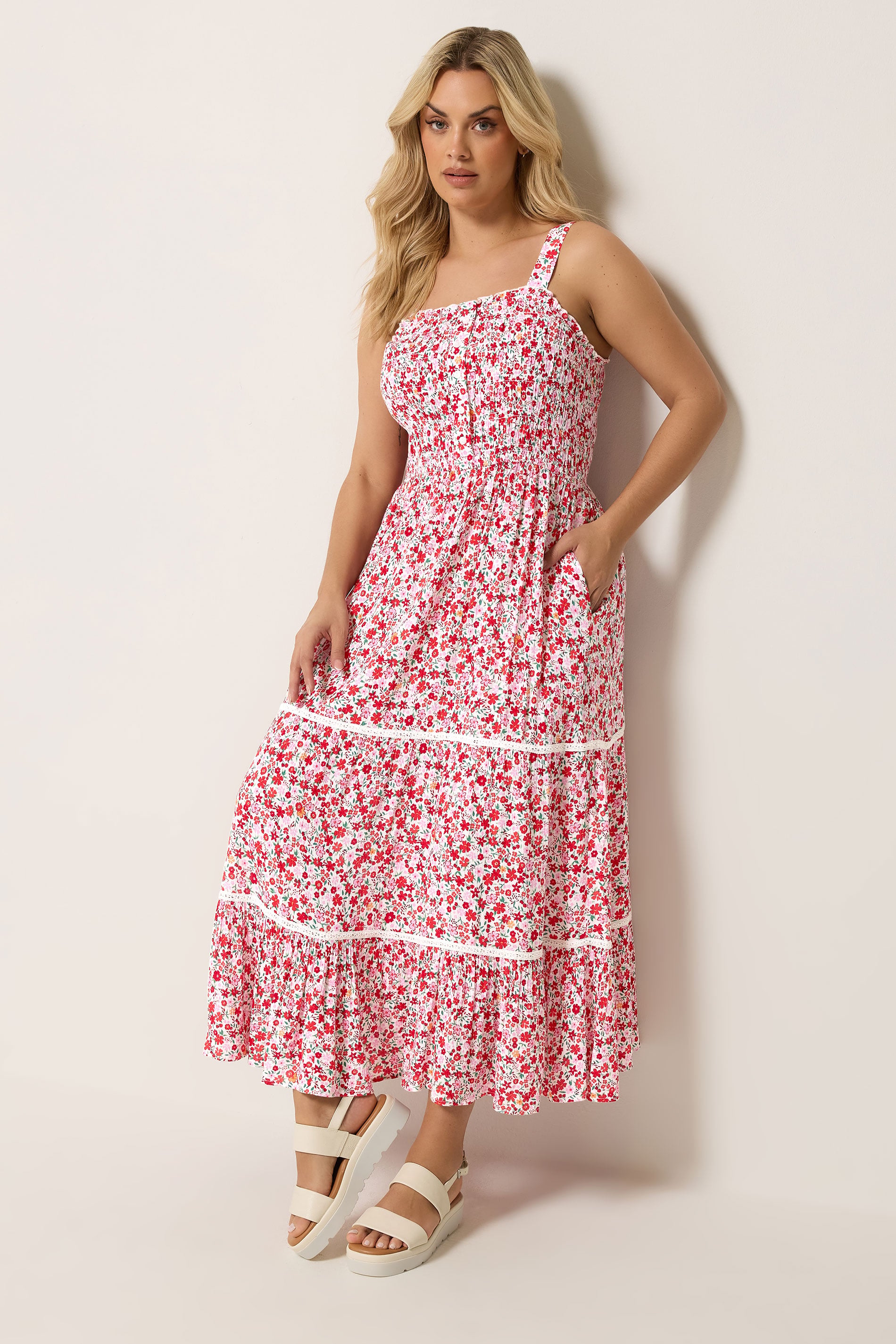 YOURS Plus Size Pink Shirred Floral Placket Dress | Yours Clothing 3