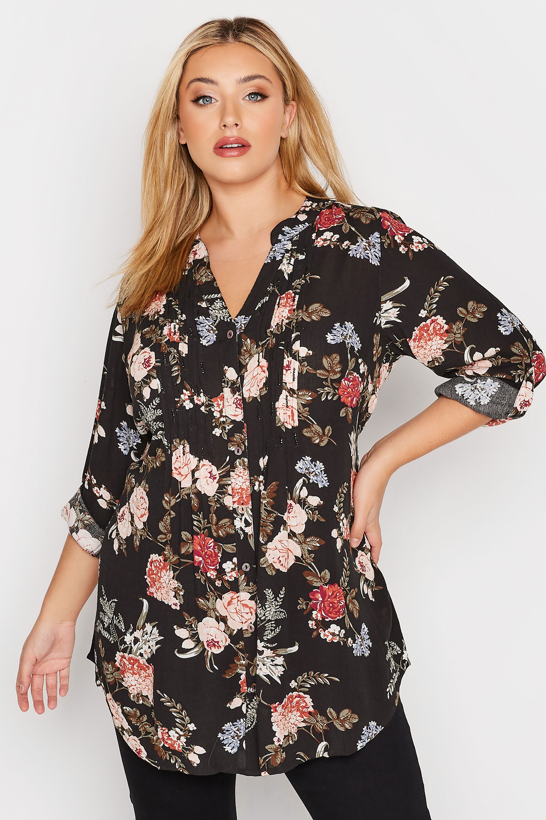 Plus Size Black Floral Print Pintuck Shirt | Yours Clothing 1