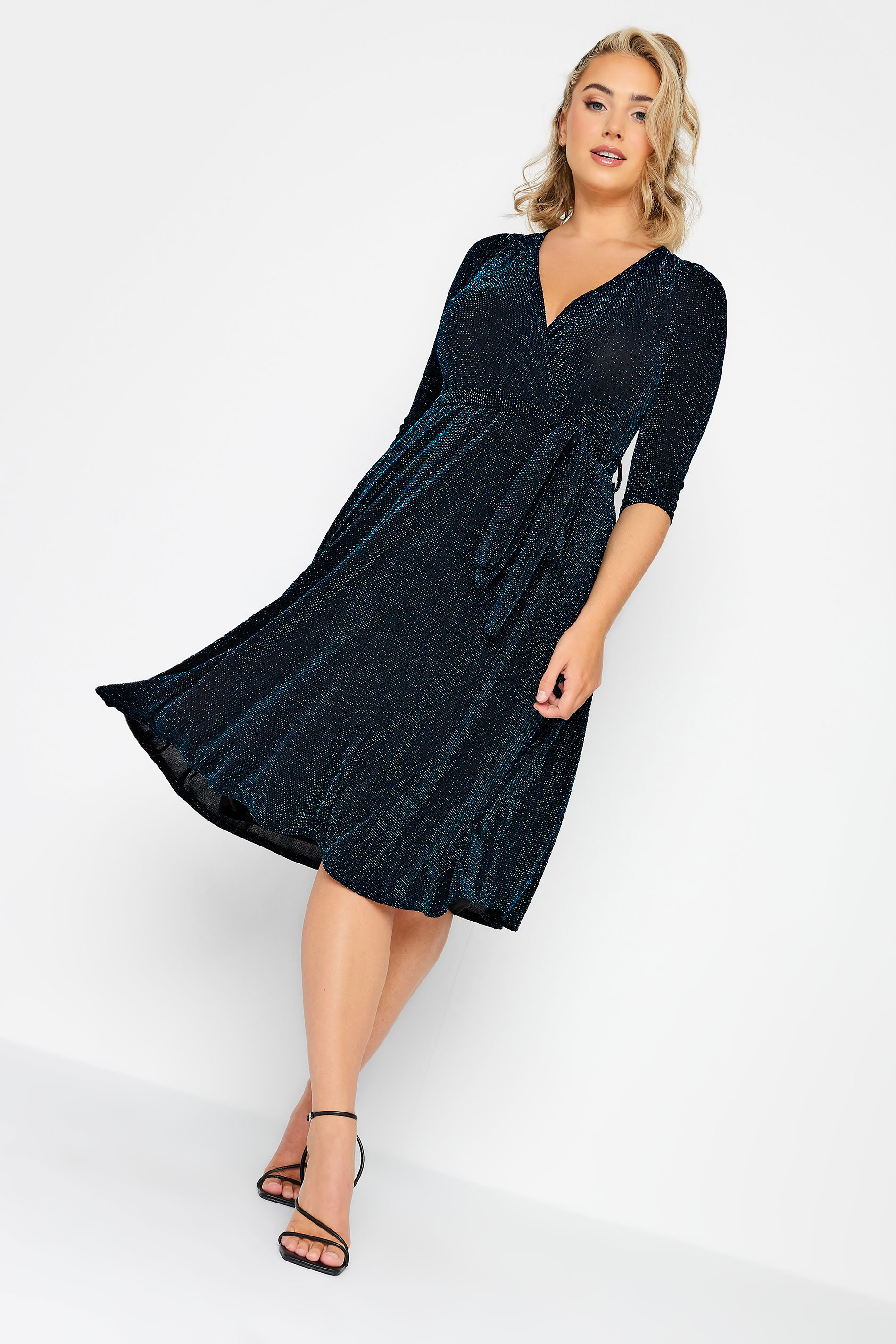 YOURS LONDON Curve Black & Blue Glitter Wrap Dress | Yours Clothing 2