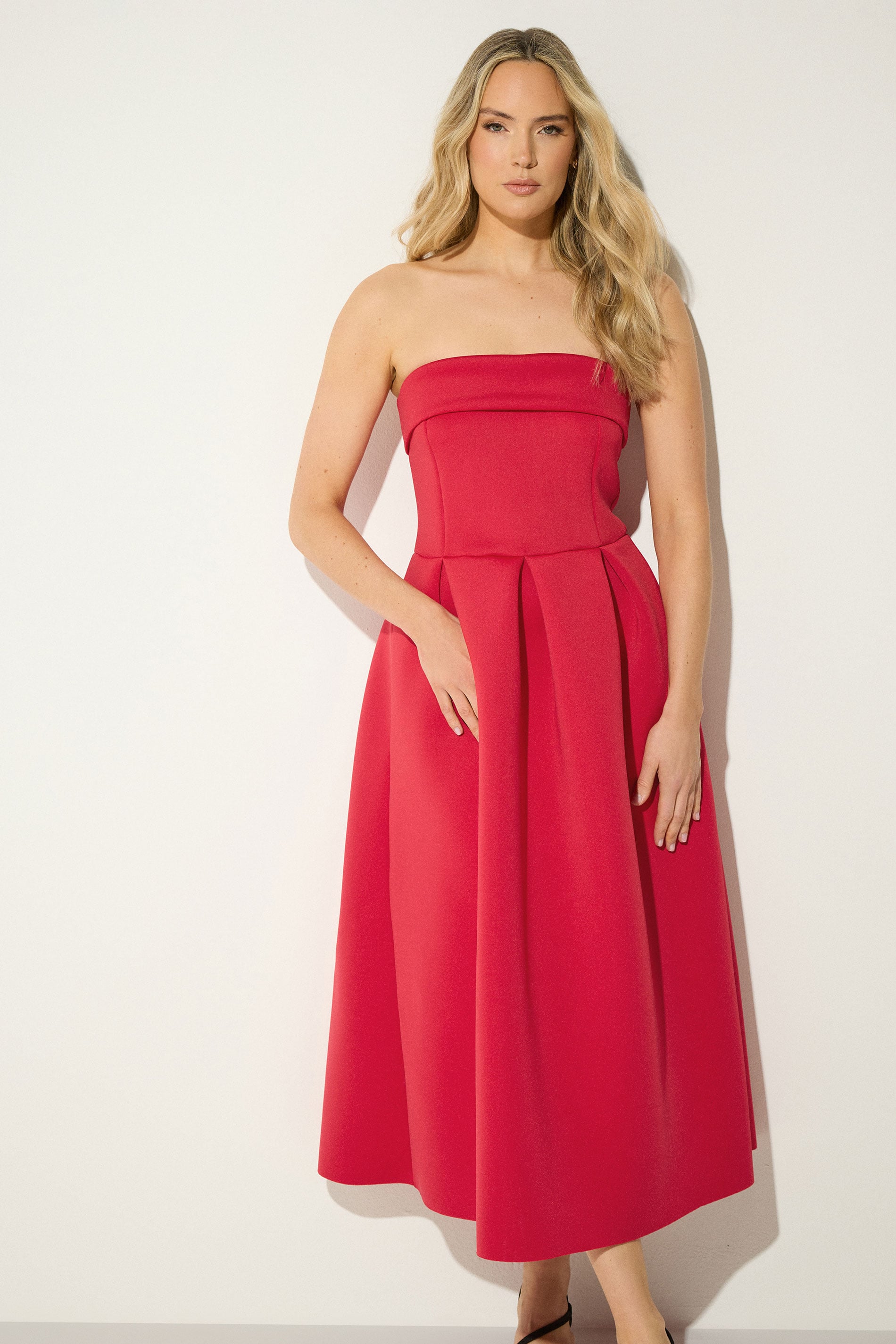 LTS Tall Women's Bright Red Bandeau Pleated Midi Dress | Long Tall Sally 3