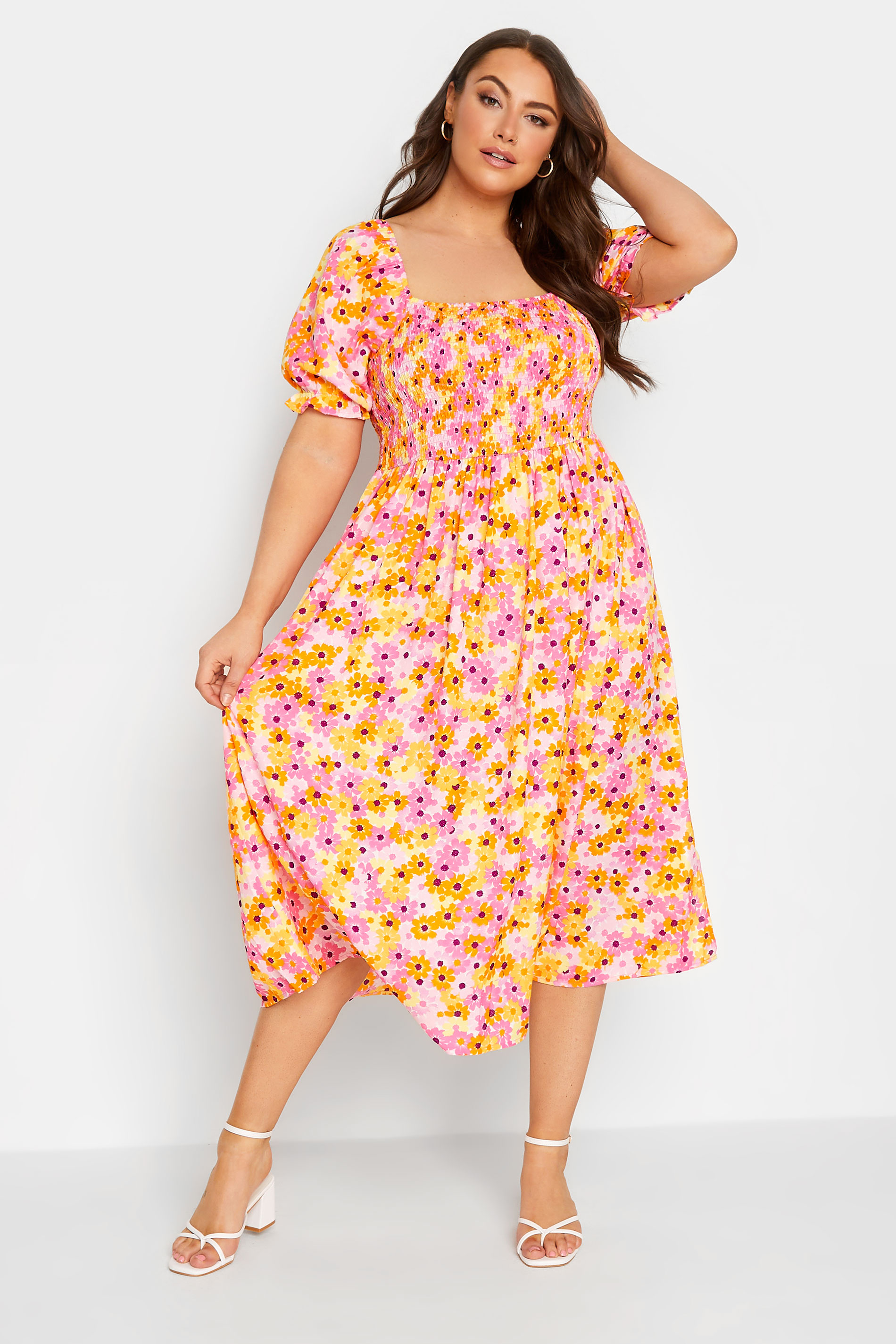 YOURS Plus Size Curve Pink Floral Print Shirred Midaxi Dress | Yours Clothing  1