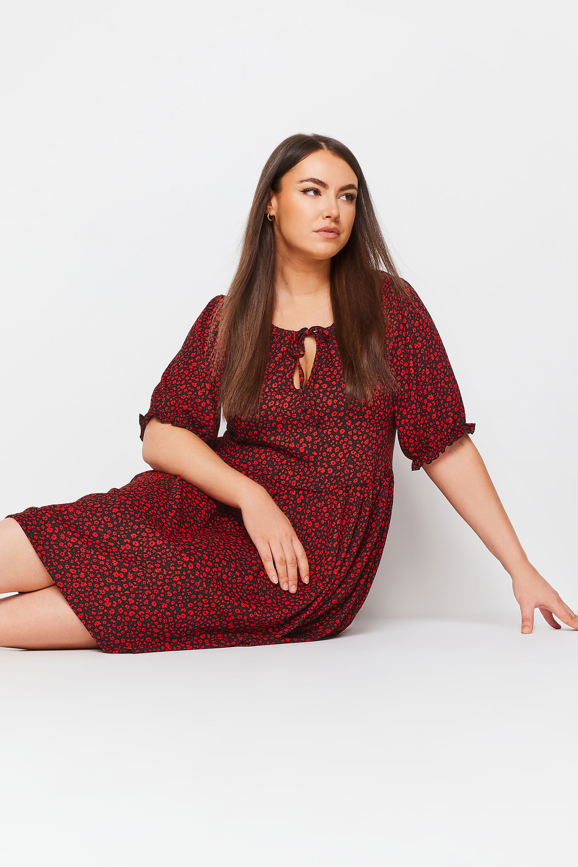 YOURS Plus Size Red Ditsy Floral Print Textured Smock Dress | Yours Clothing 2