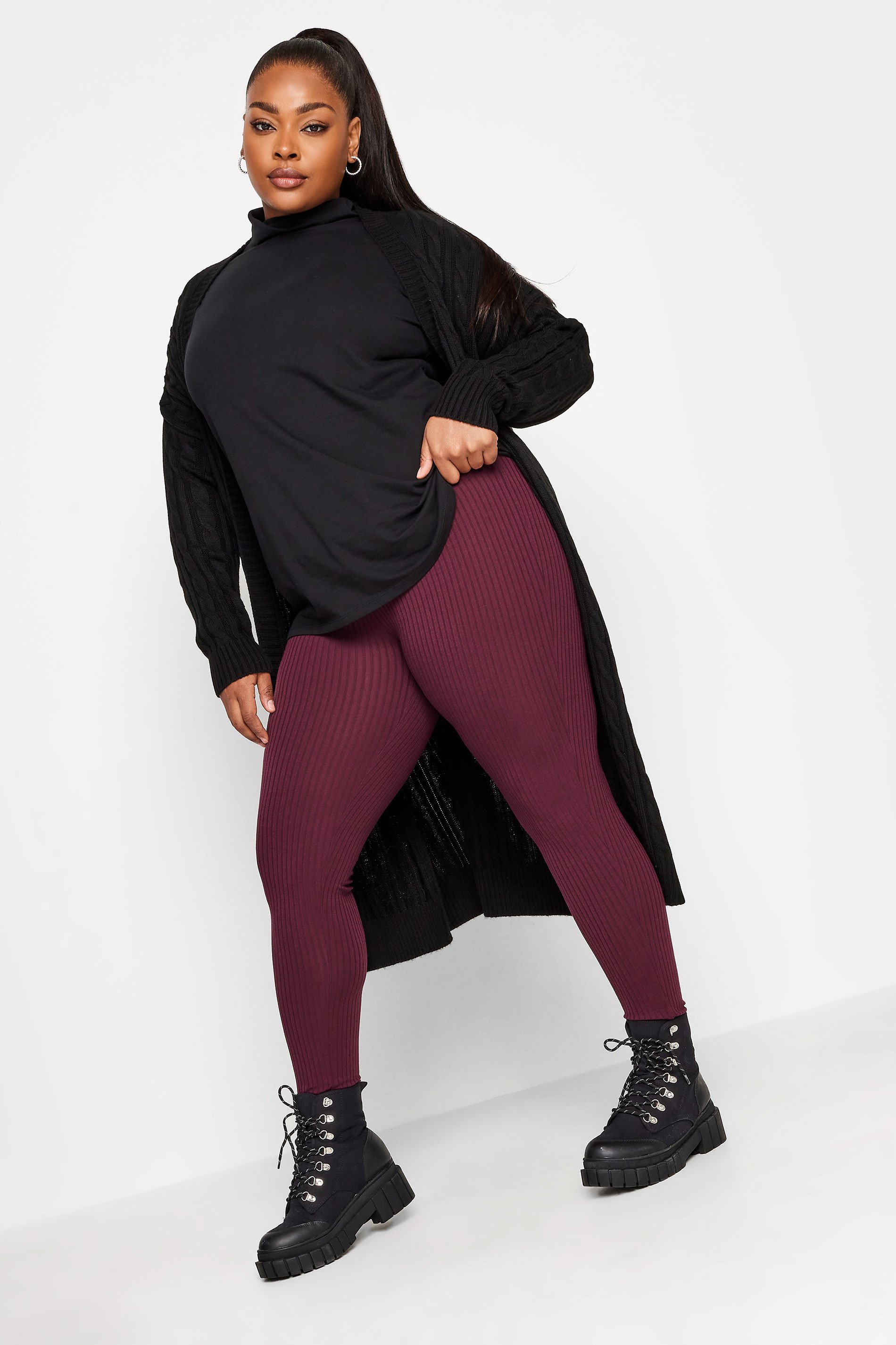YOURS Plus Size Burgundy Red Ribbed Leggings