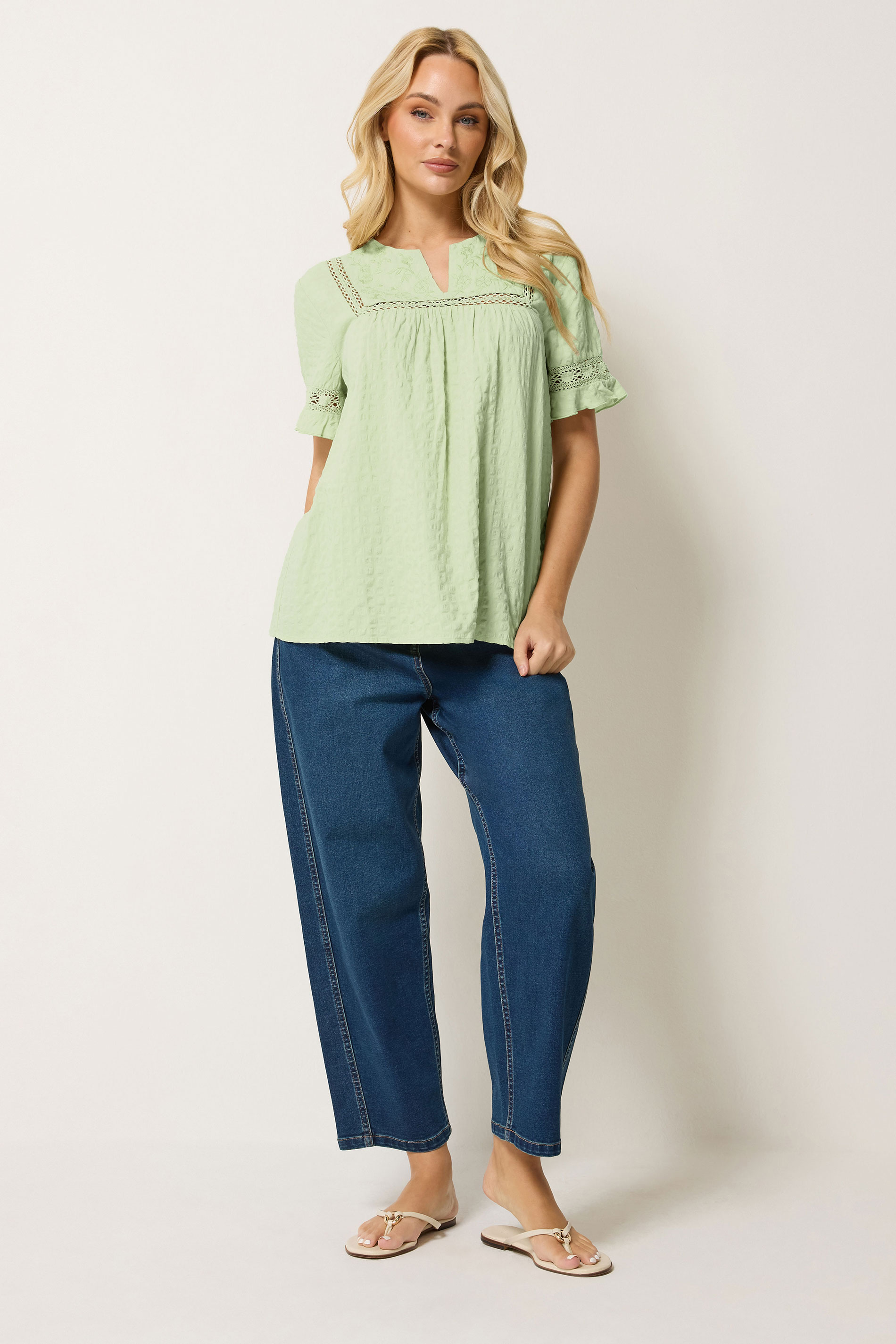 M&Co Sage Green Embroidered Cotton Ruffle Top | M&Co 1