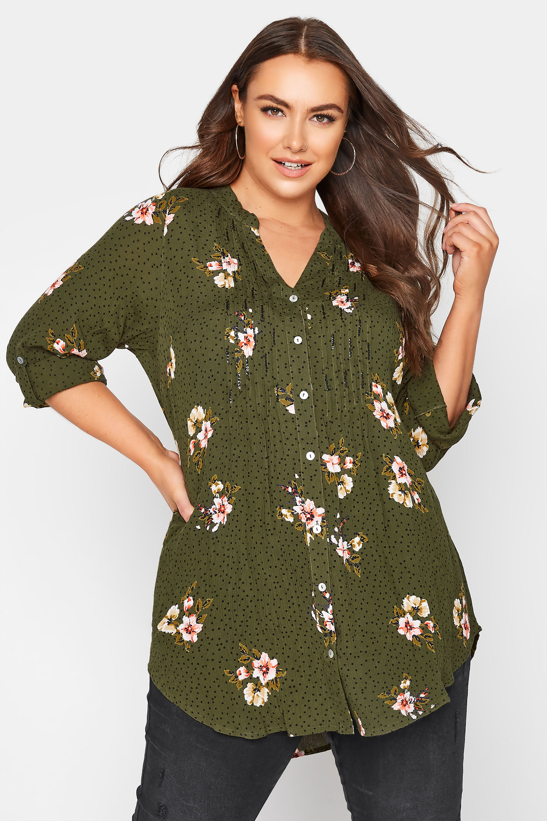 Plus Size Khaki Green Floral Pinktuck Blouse | Yours Clothing 1