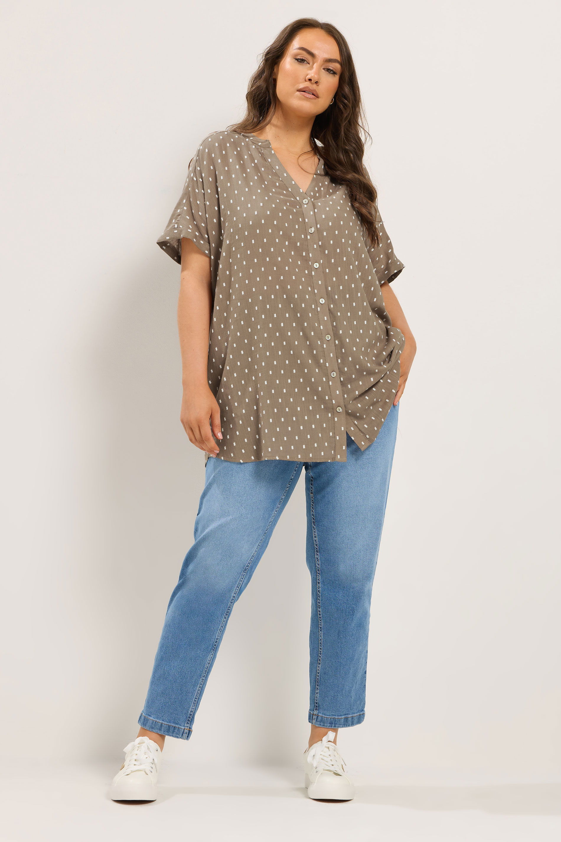 YOURS Curve Mocha Brown Notch Neck Dobby Blouse | Yours Clothing 1