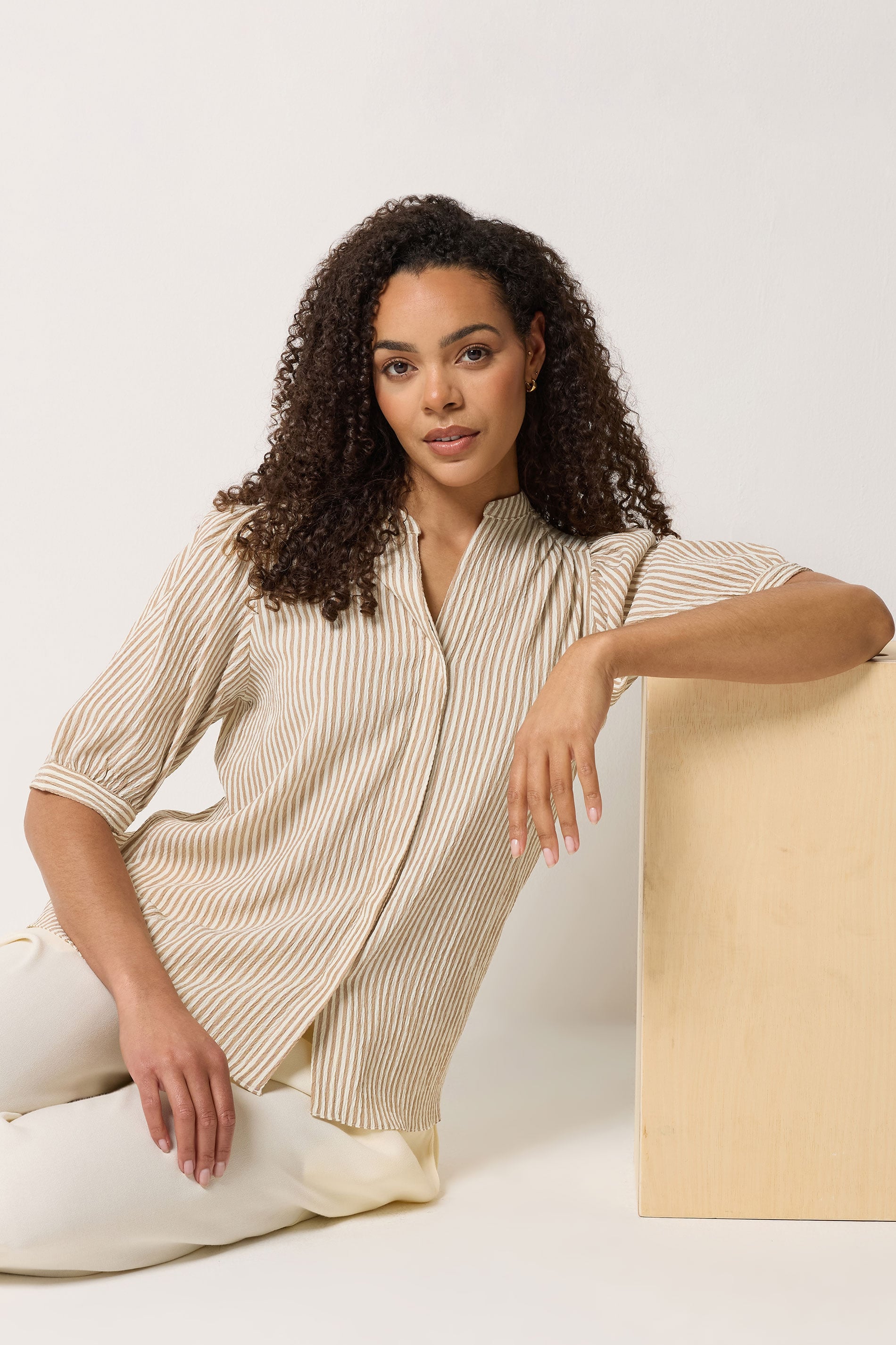 M&Co Brown Stripe Textured Puff Sleeve Shirt | M&Co 3