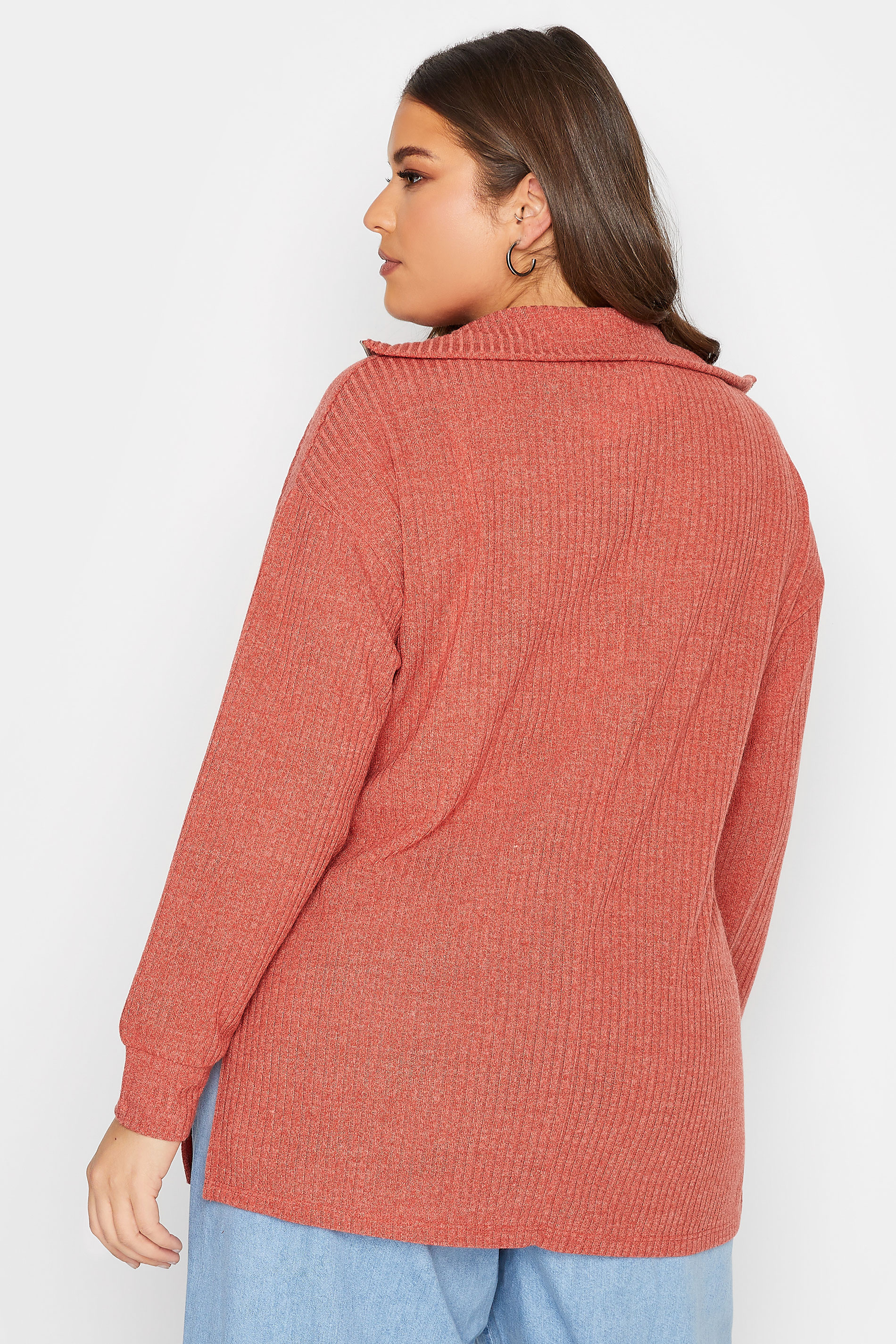 YOURS Plus Size Curve Light Orange Ribbed Half Zip Jumper | Yours Clothing  3