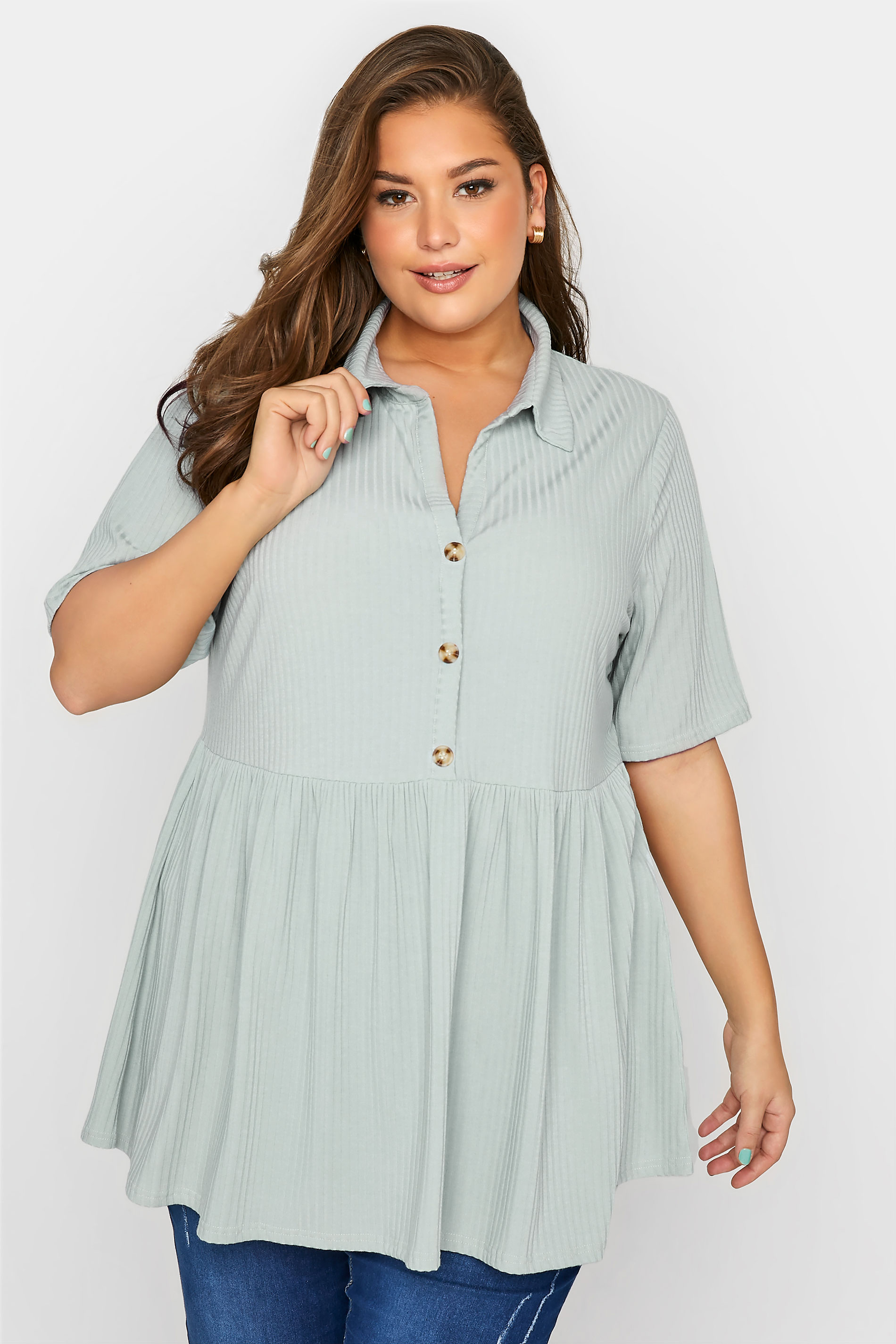 LIMITED COLLECTION Curve Mint Green Ribbed Button Through Peplum Top_A.jpg