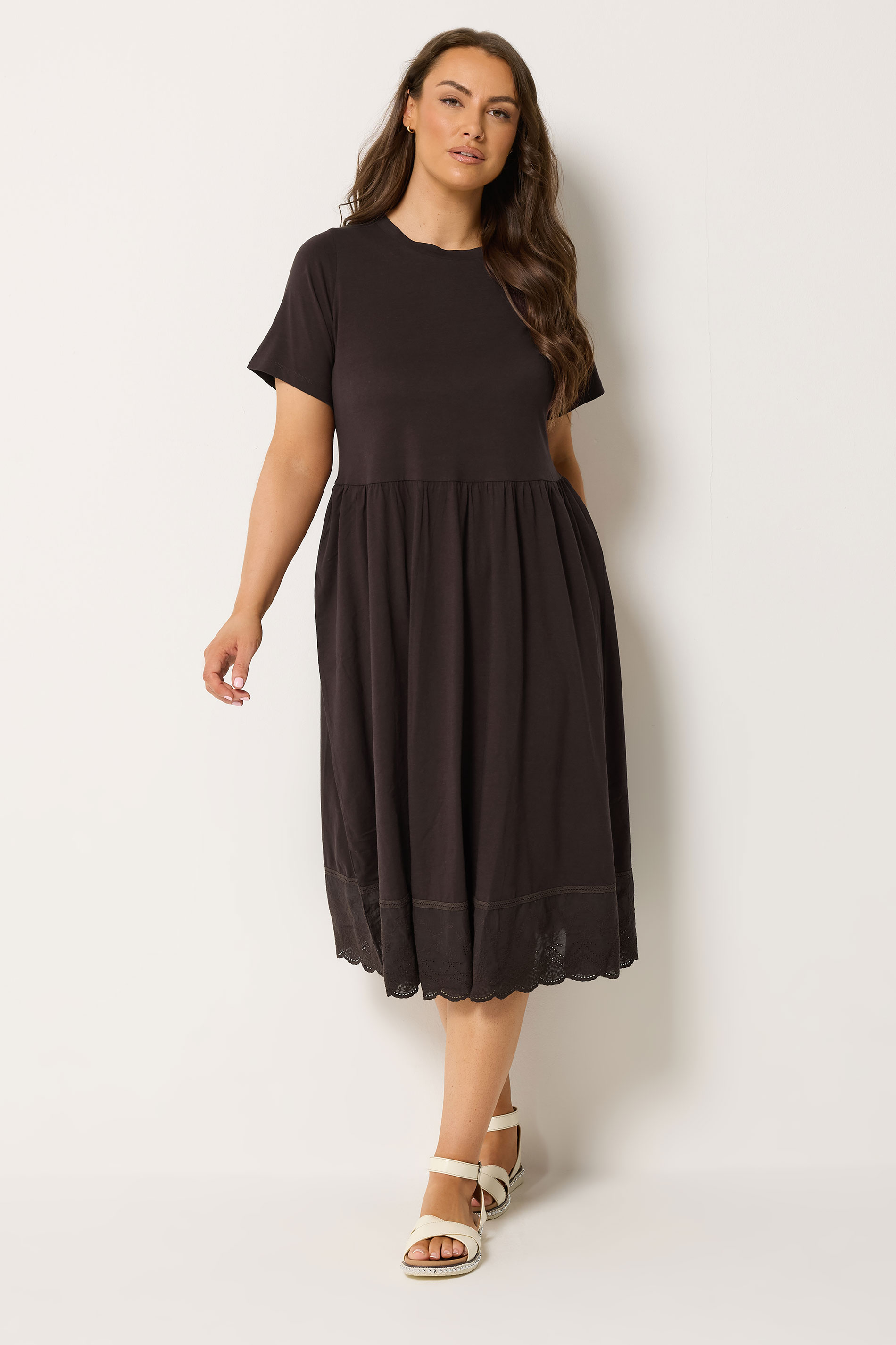 YOURS Plus Size Chocolate Brown Broderie Anglaise Trim Dress | Yours Clothing 1