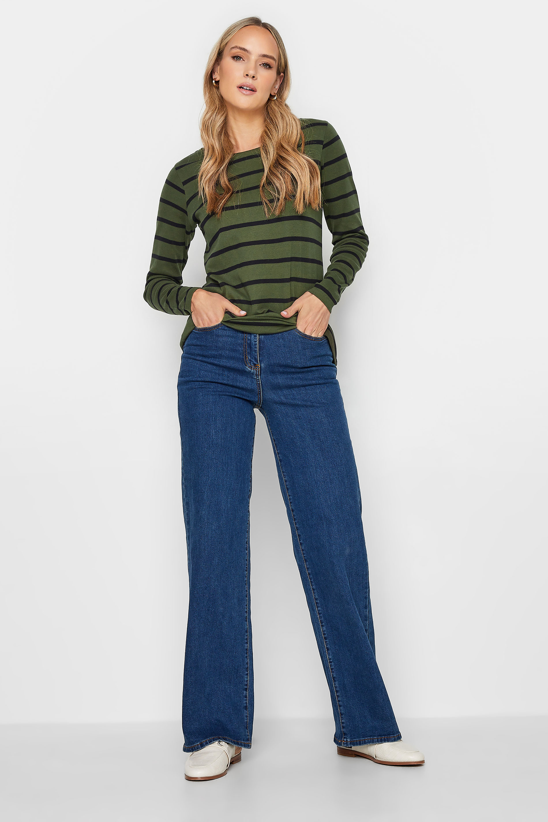 LTS Tall Women's Khaki Green Stripe Long Sleeve Cotton T-Shirt | Long Tall Sally 3